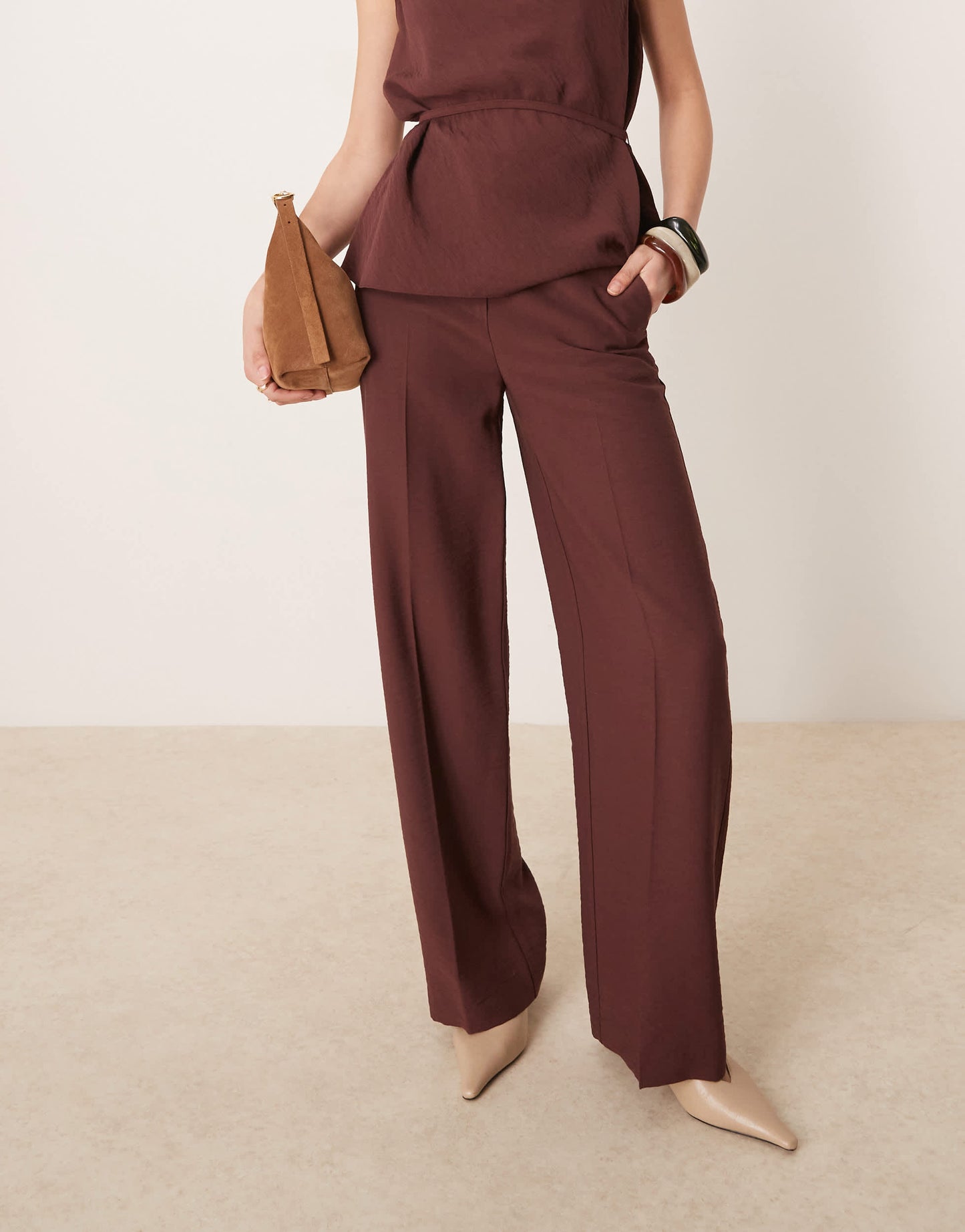 ASOS DESIGN tailored straight leg trousers with skinny belt in chocolate