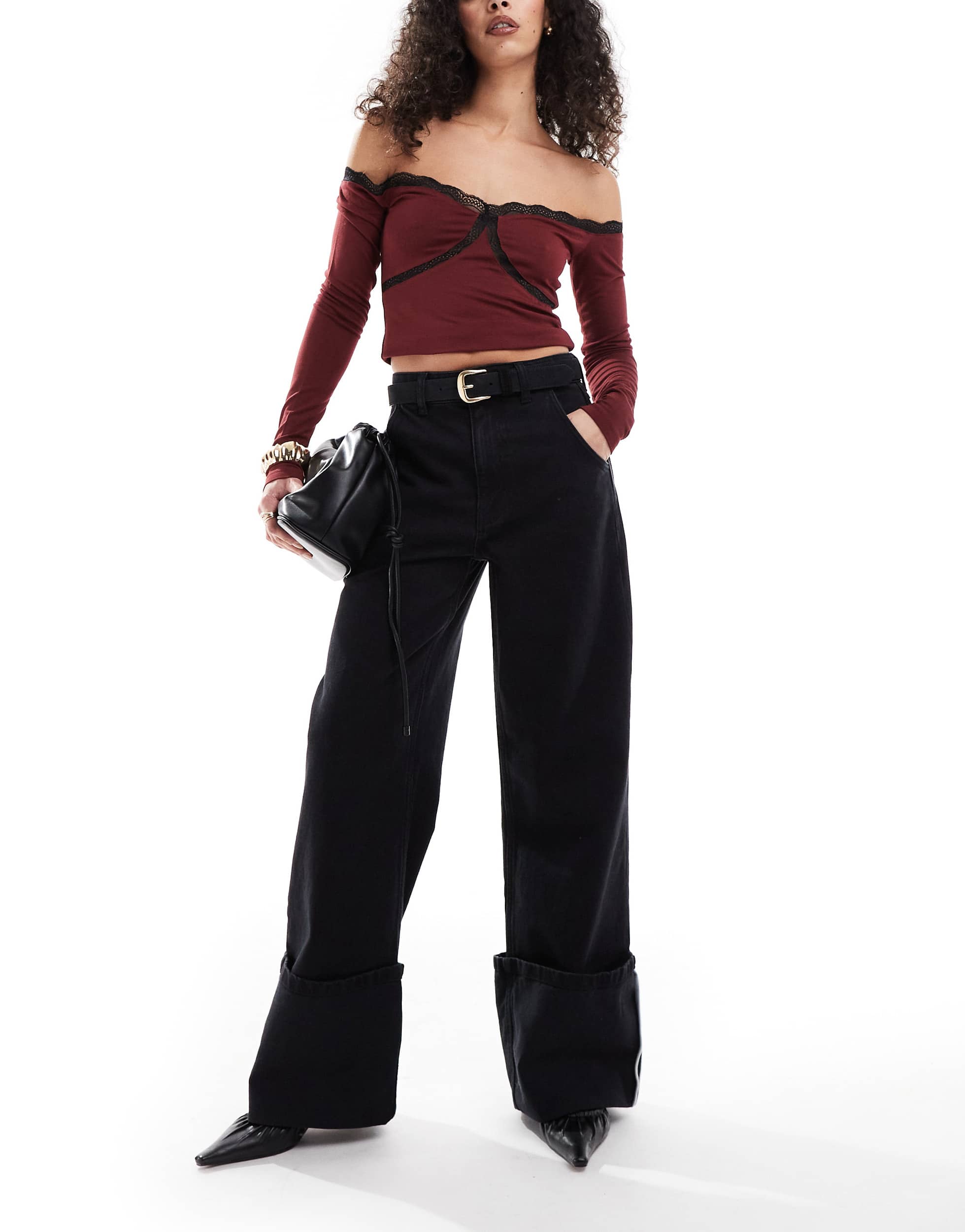 ASOS DESIGN wide leg jean with high turn up in washed black