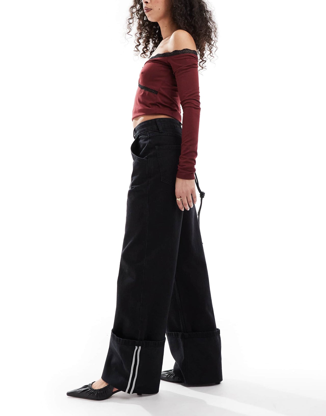 ASOS DESIGN wide leg jean with high turn up in washed black