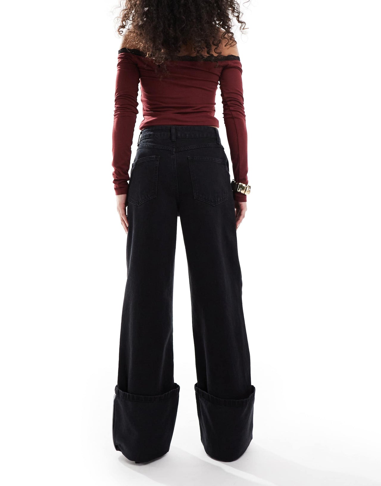 ASOS DESIGN wide leg jean with high turn up in washed black