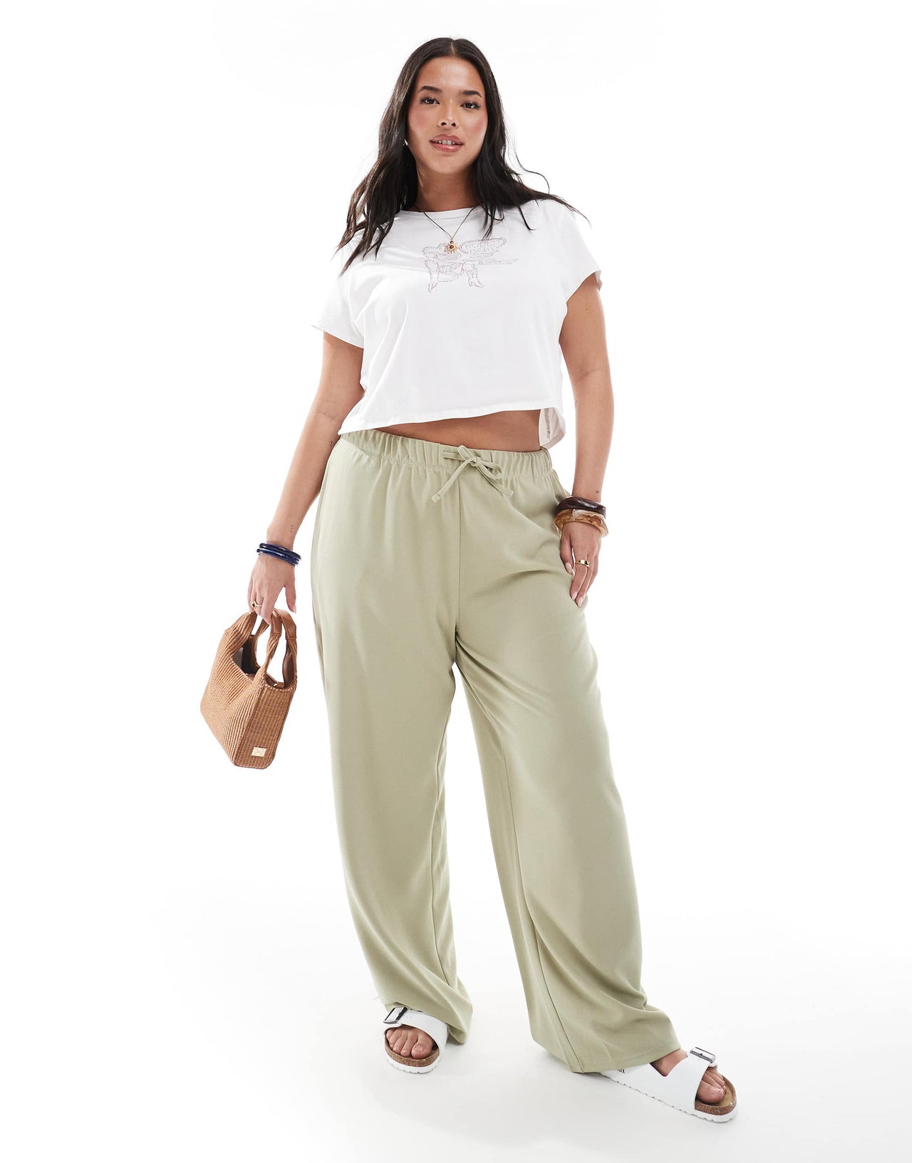 ONLY Curve tie waist trousers in light green