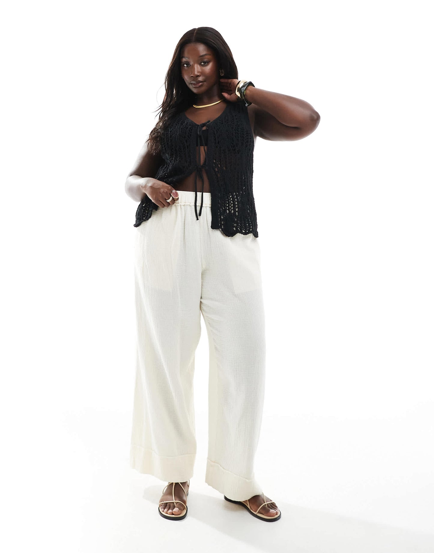 ONLY Curve tie front crochet vest in black