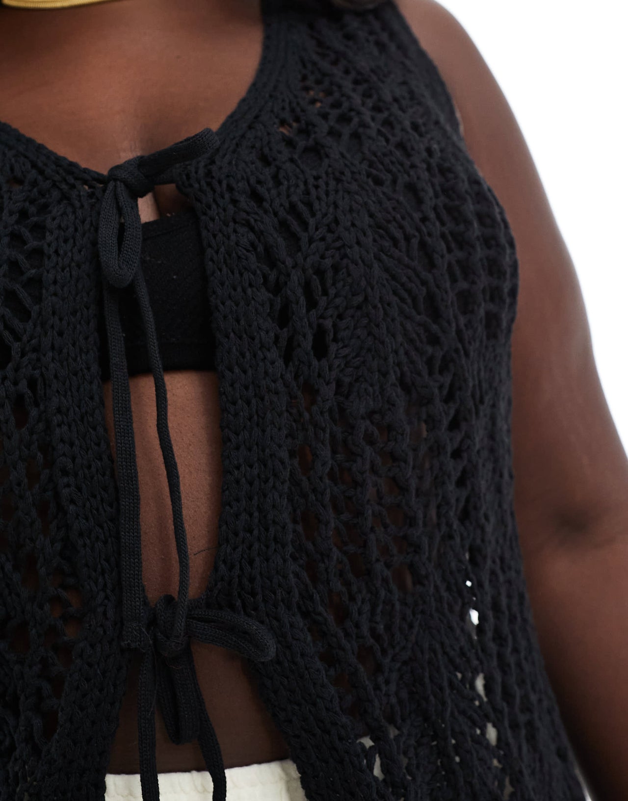 ONLY Curve tie front crochet vest in black