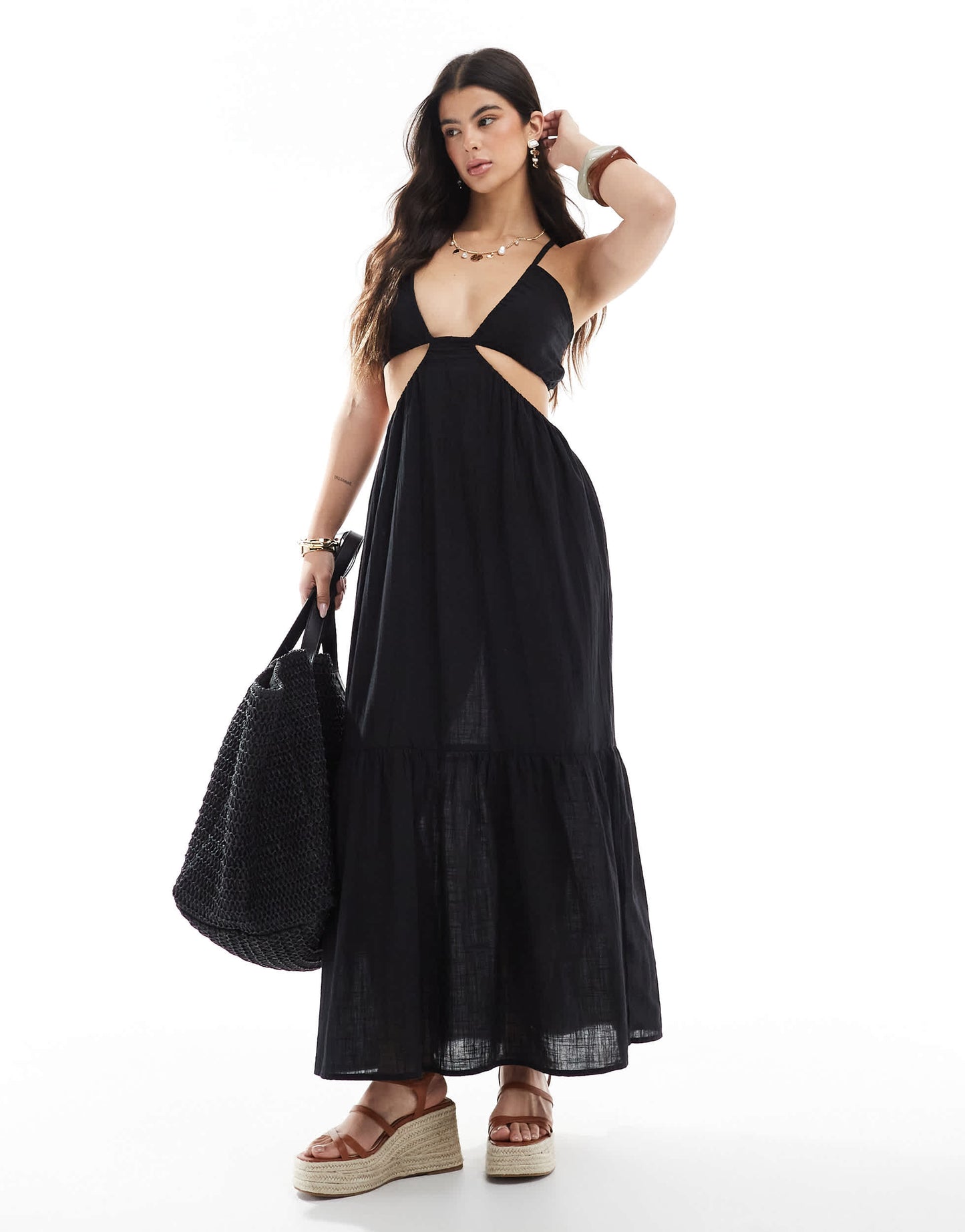 Esmee Exclusive halter cut out maxi beach dress in black
