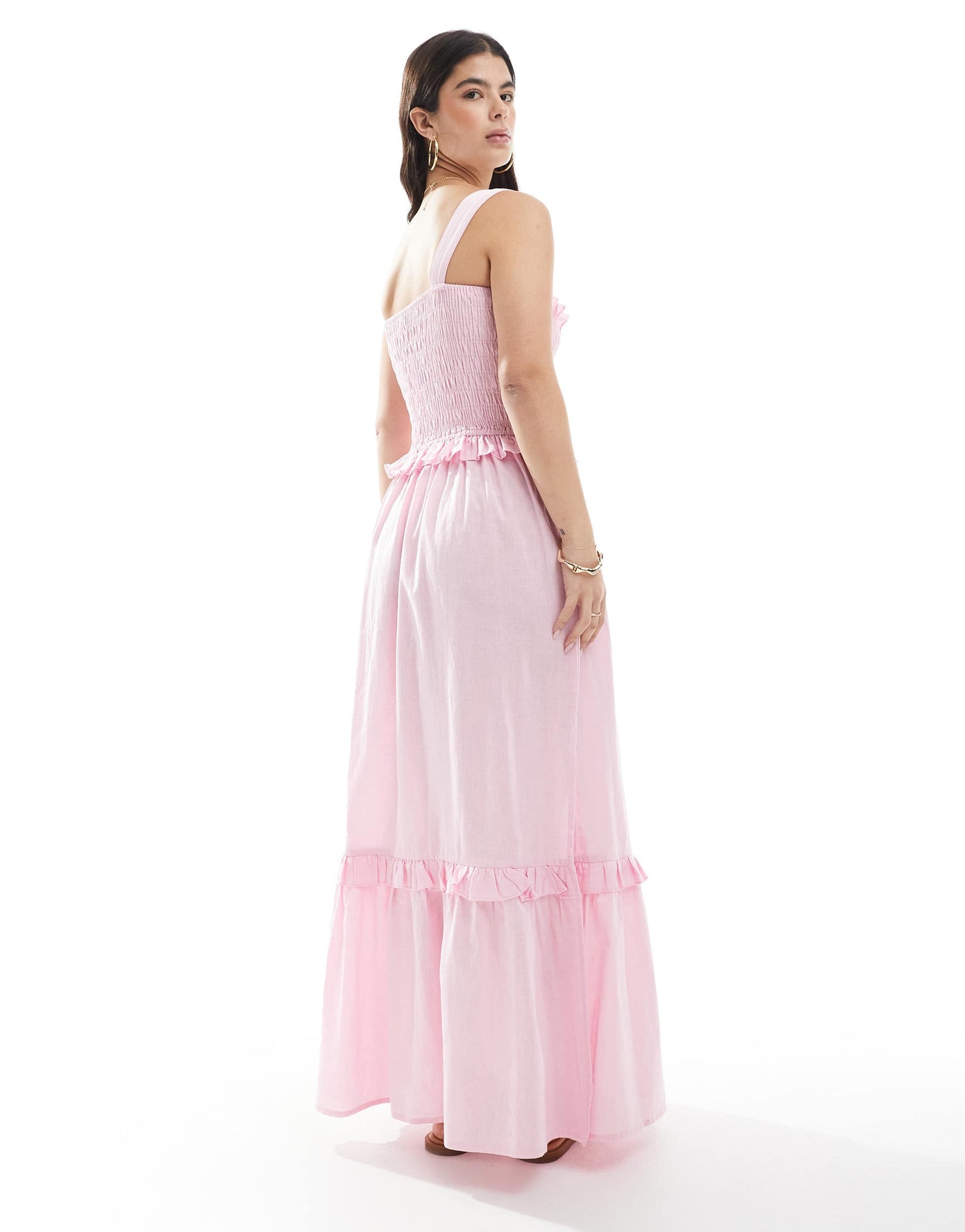 Esmee Exclusive frill ruched maxi tiered beach dress in pink
