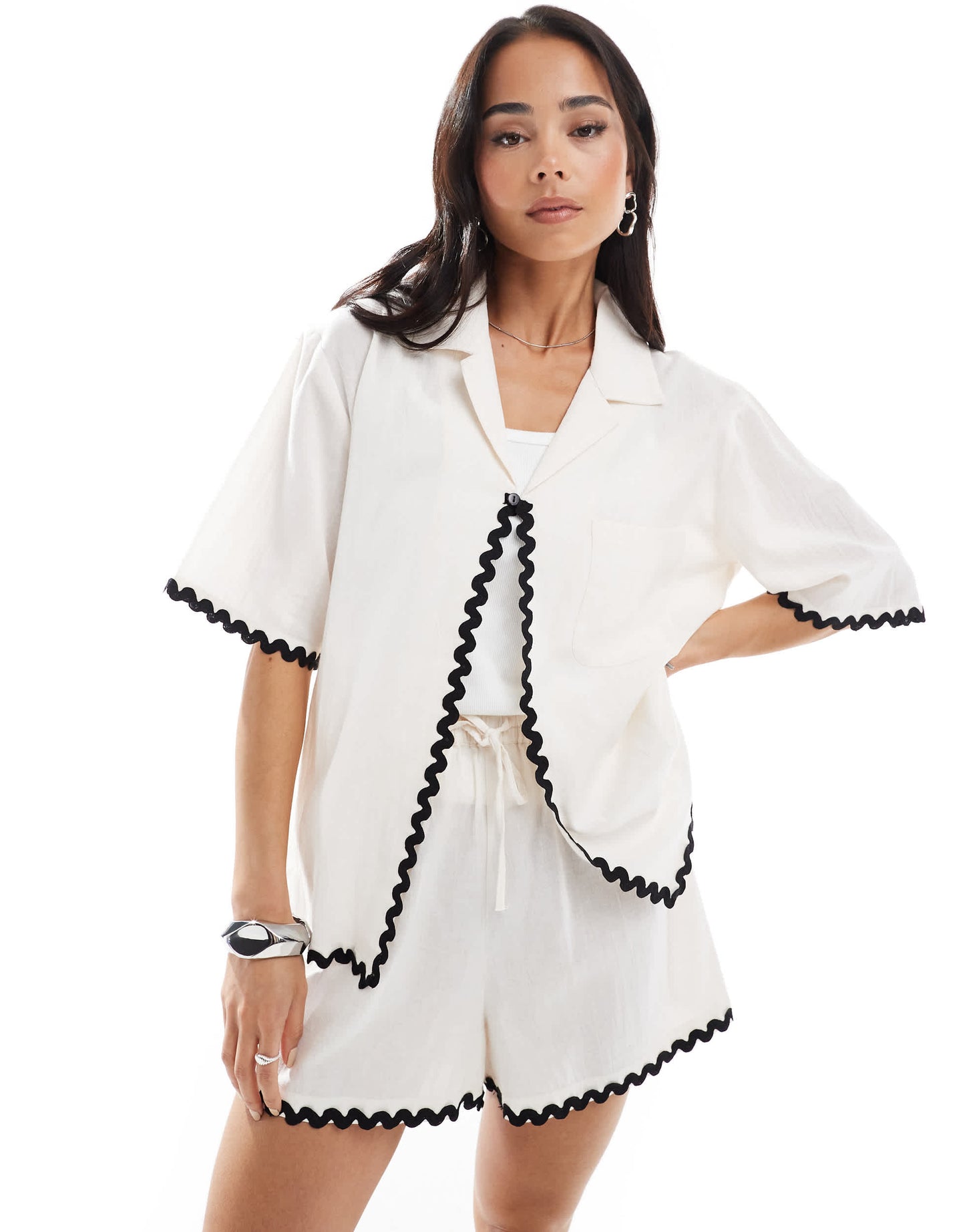 Esmee Exclusive ric rac short sleeve beach shirt co-ord in white