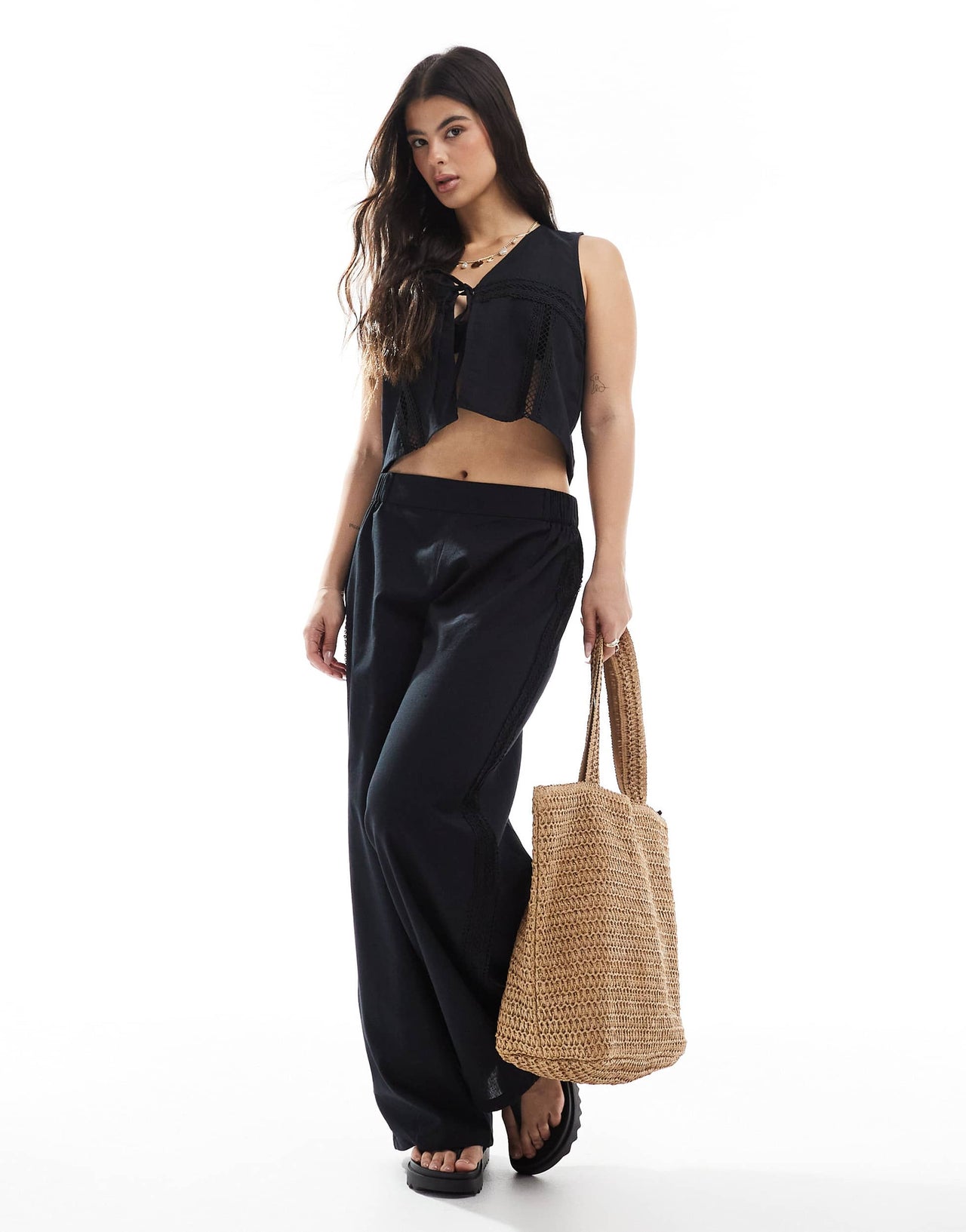 Esmee Exclusive lace panel waist coat co-ord in black