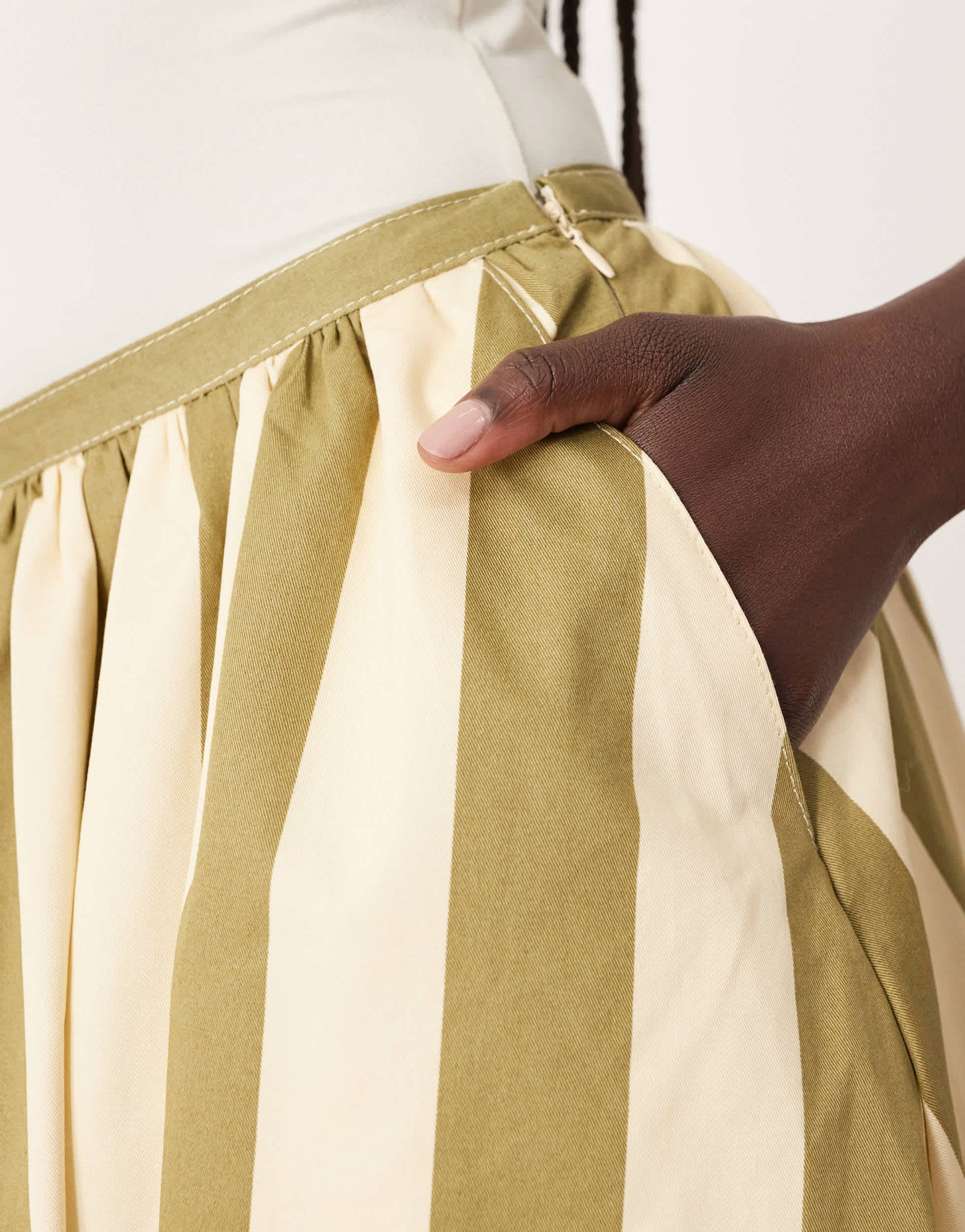 ARRANGE structured full skirt in olive stripe