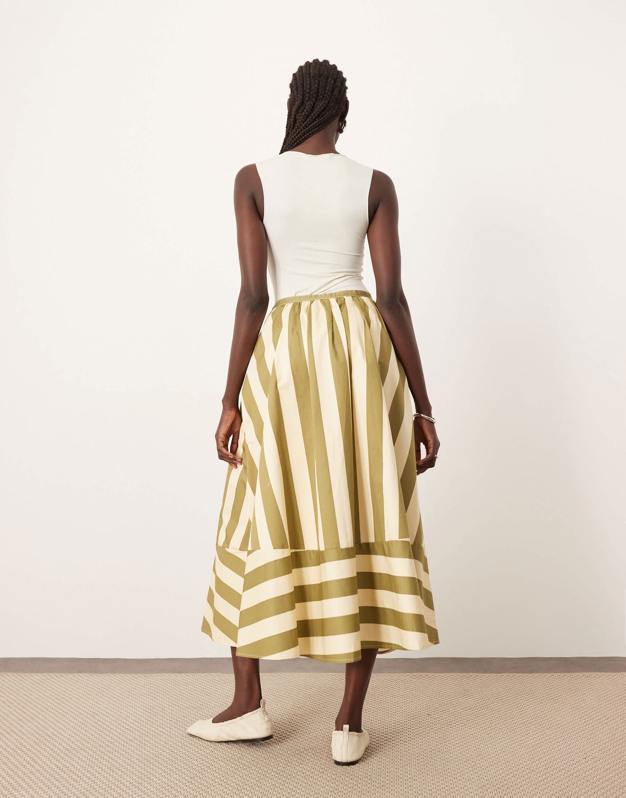 ARRANGE structured full skirt in olive stripe