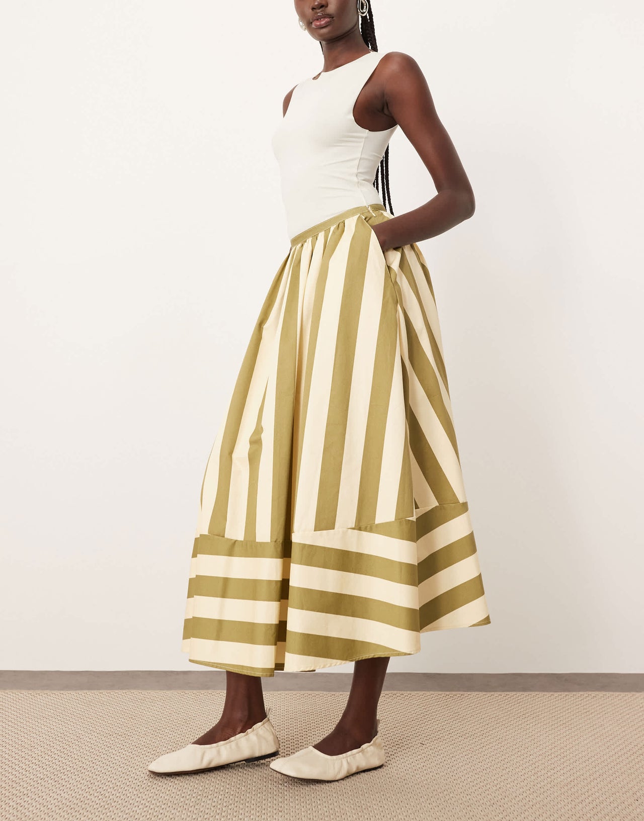 ARRANGE structured full skirt in olive stripe
