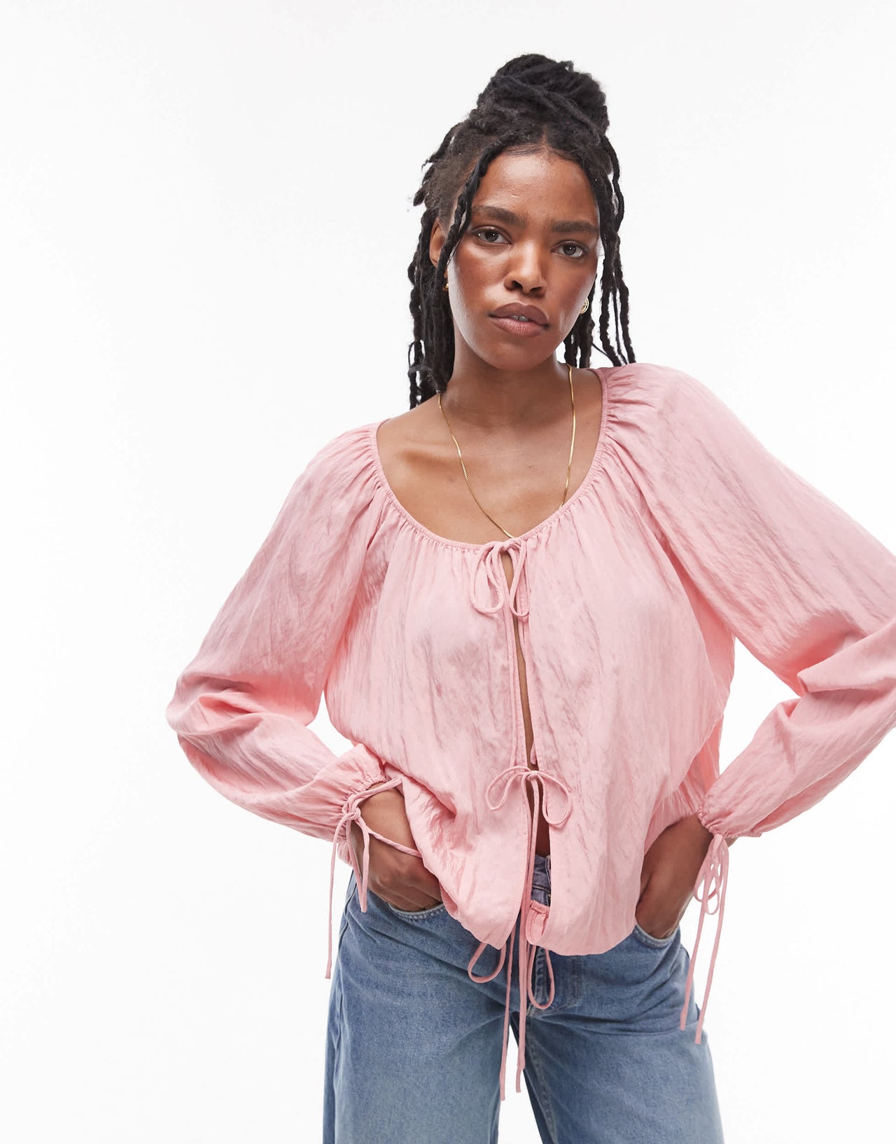 Topshop ruched neck tie front top in pink