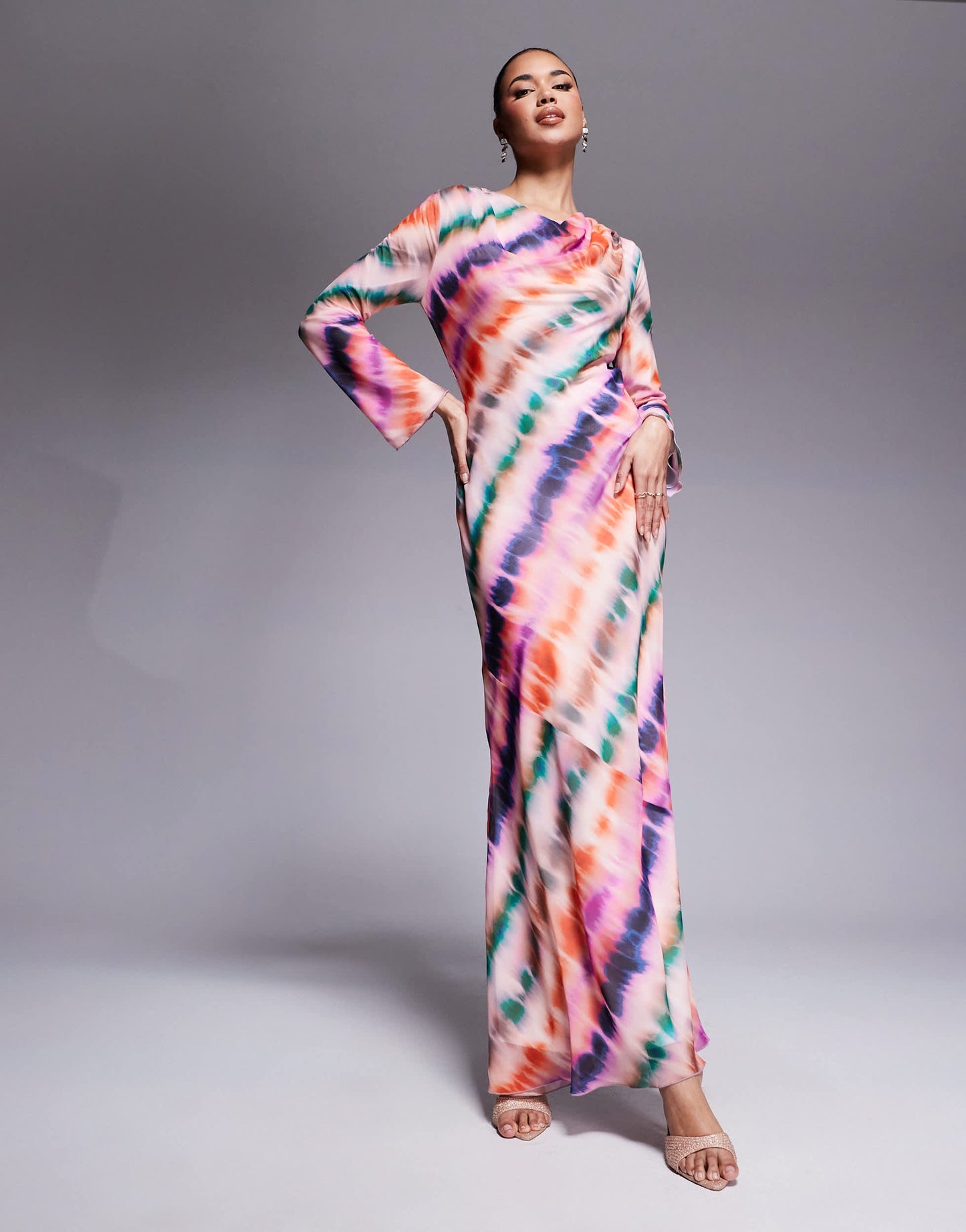 Daska cowl neck chiffon maxi dress in pink abstract stripe