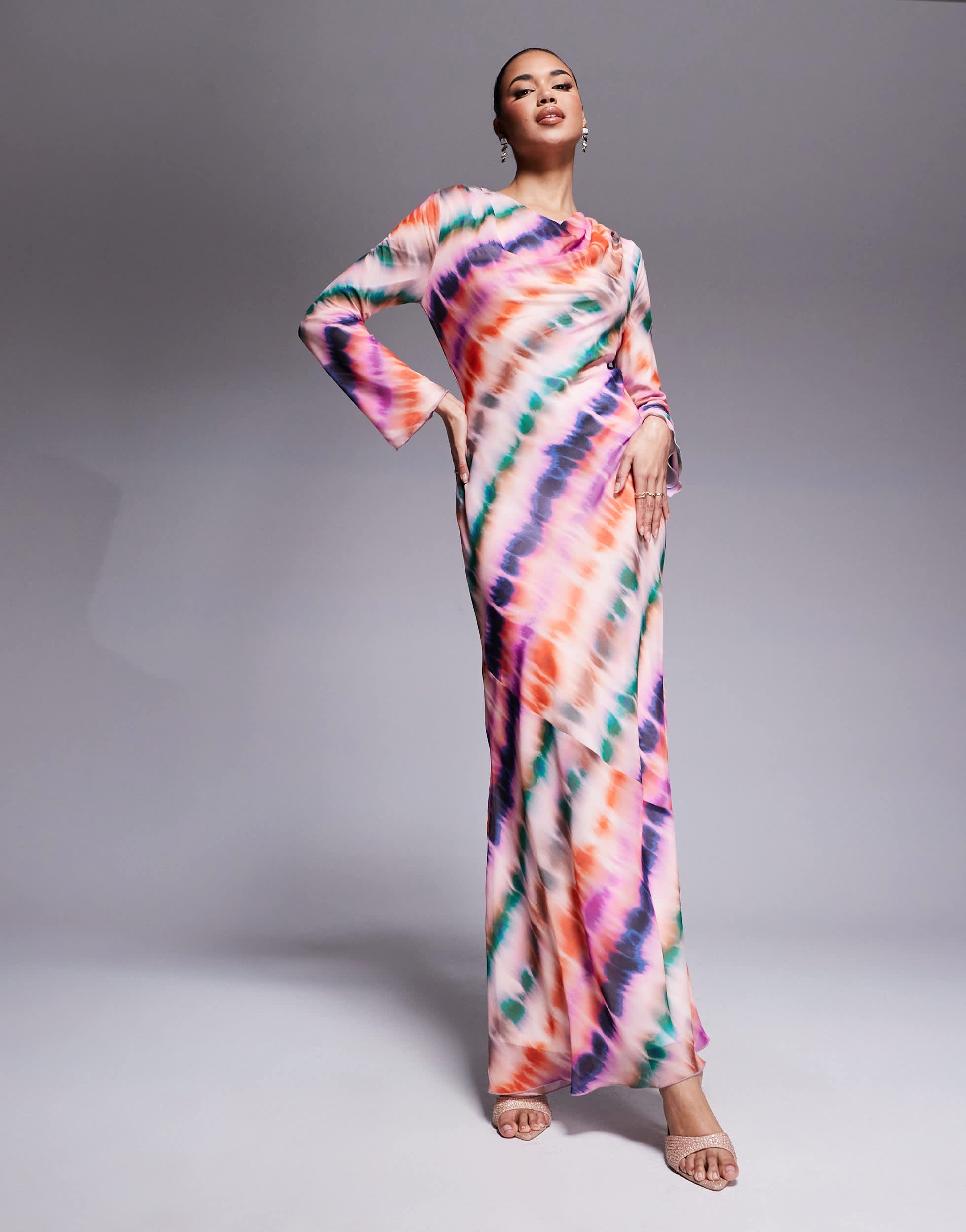 Daska cowl neck chiffon maxi dress in pink abstract stripe
