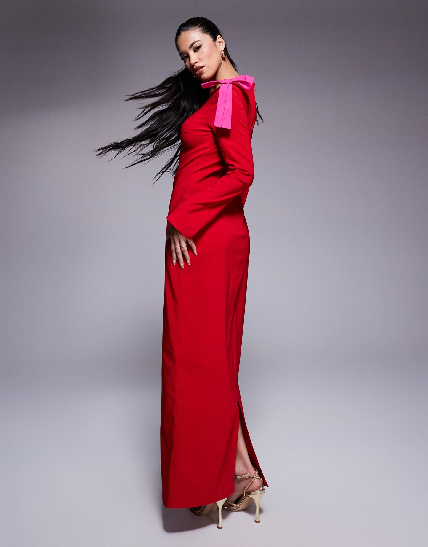 Daska bow shoulder maxi dress in red and pink