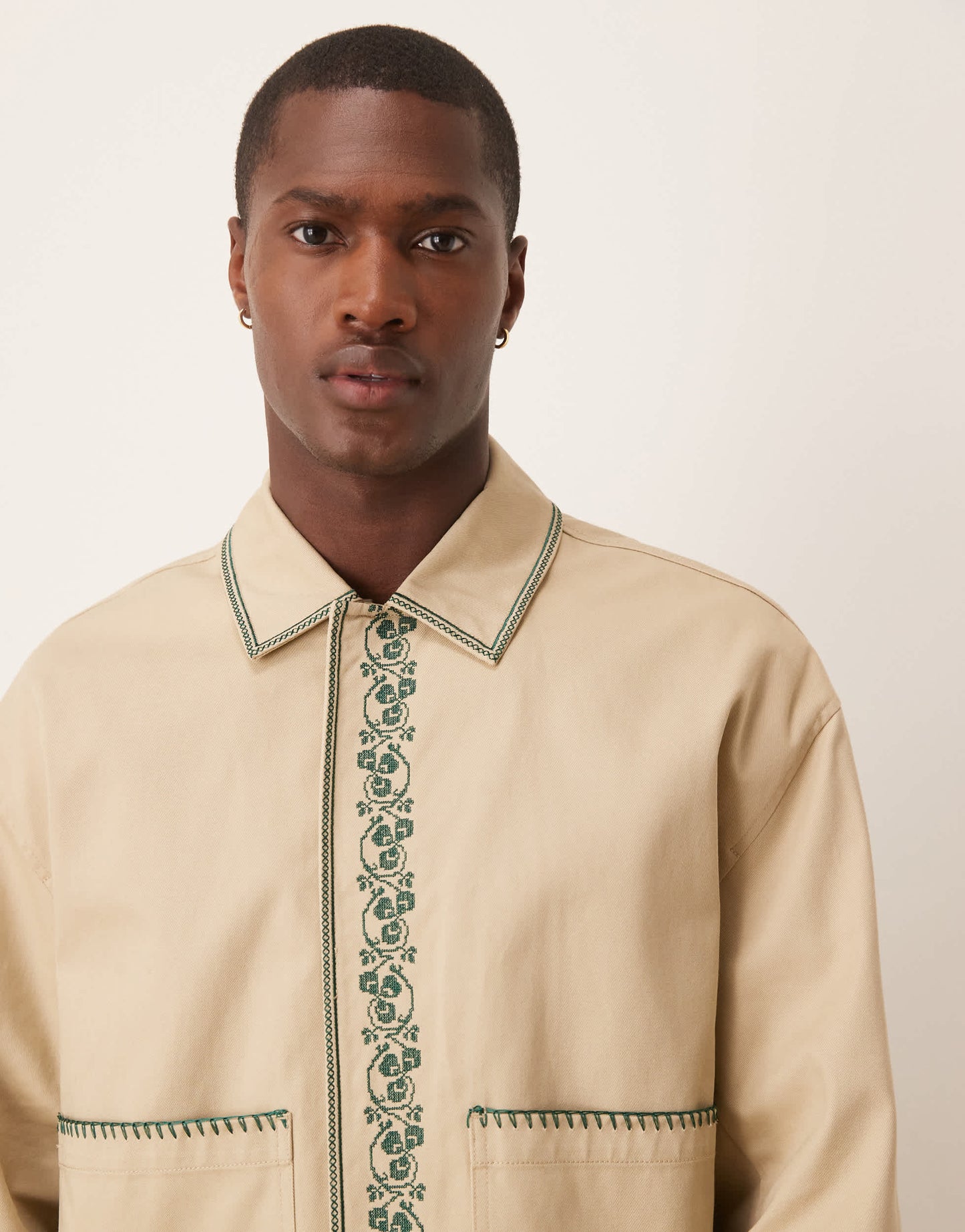 ASOS DESIGN embroidered harrington jacket in stone
