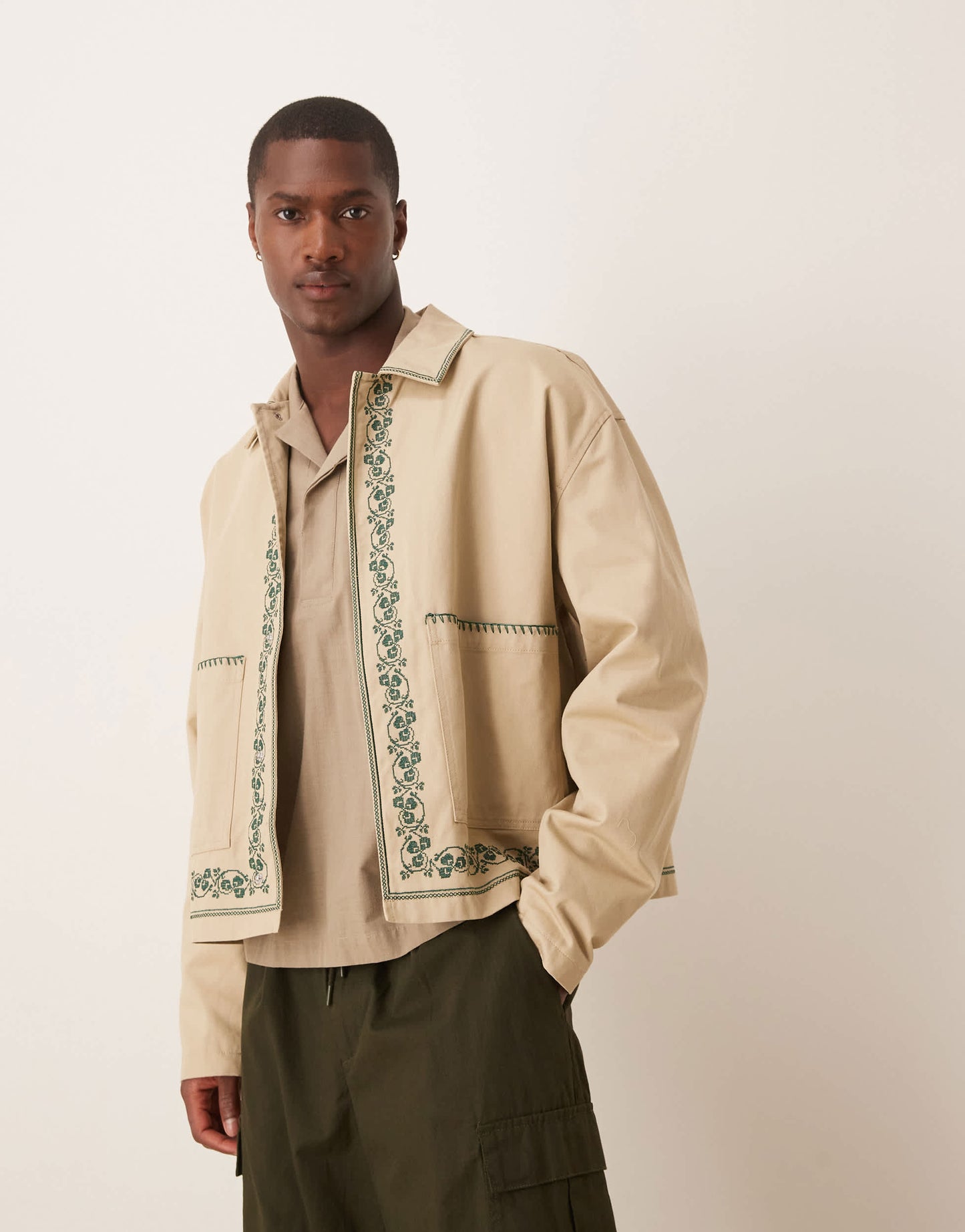 ASOS DESIGN embroidered harrington jacket in stone