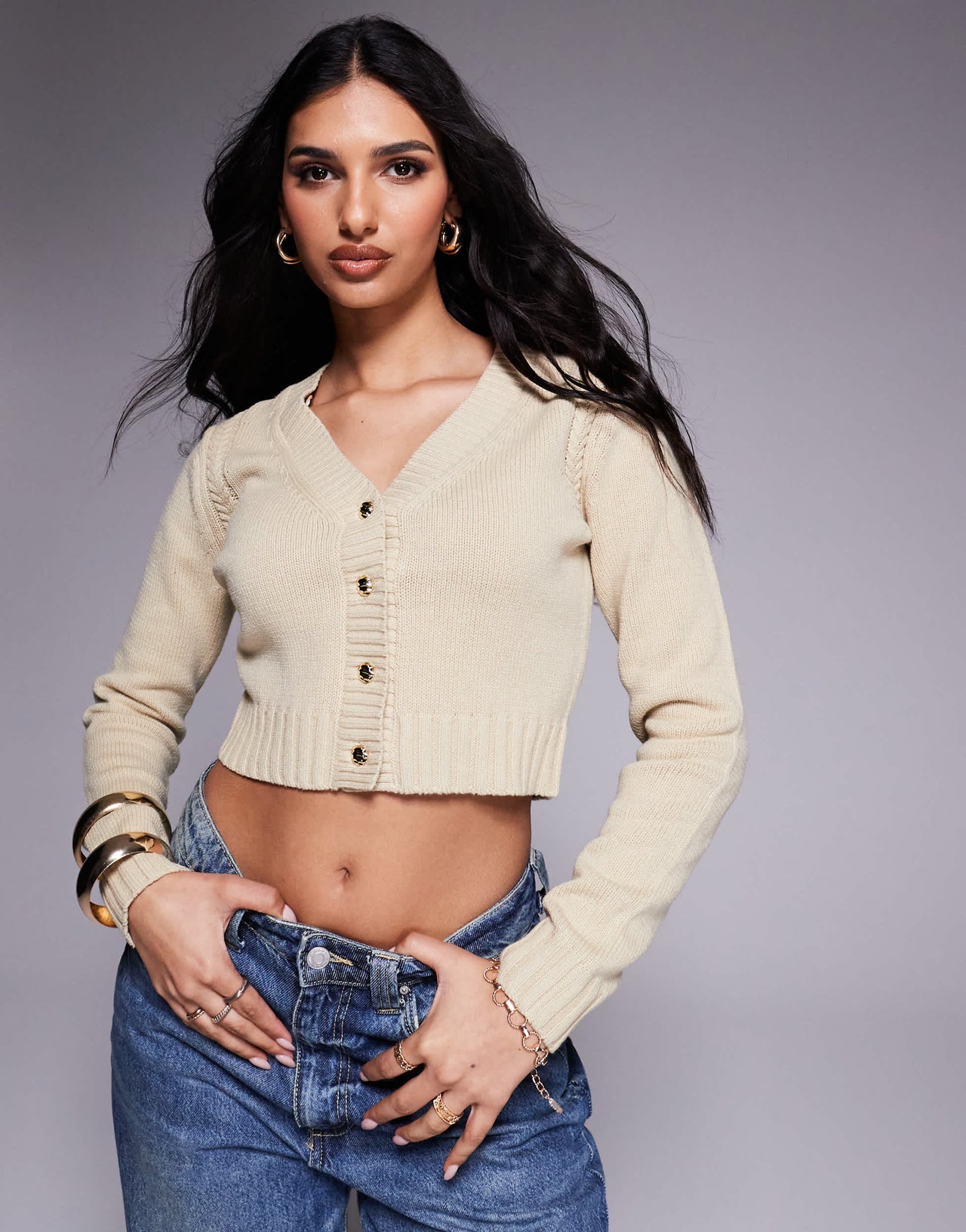 River Island cropped cardigan in beige