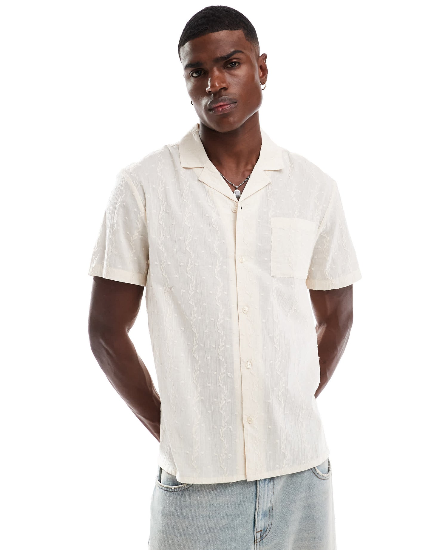Another Influence embroidered stripe revere collar shirt in sand