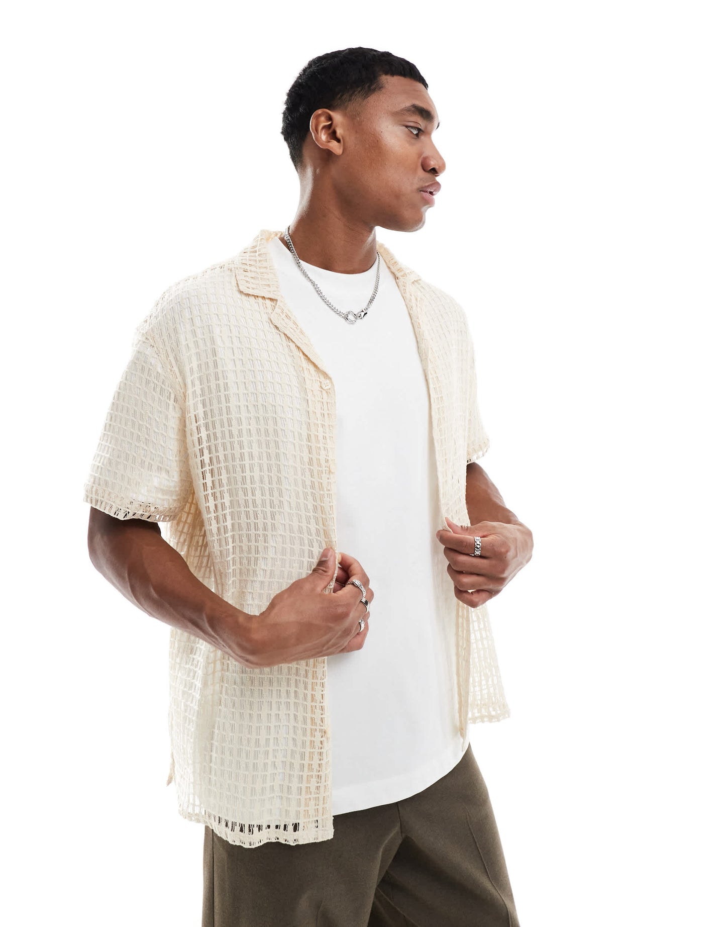 Another Influence lace revere collar shirt in sand