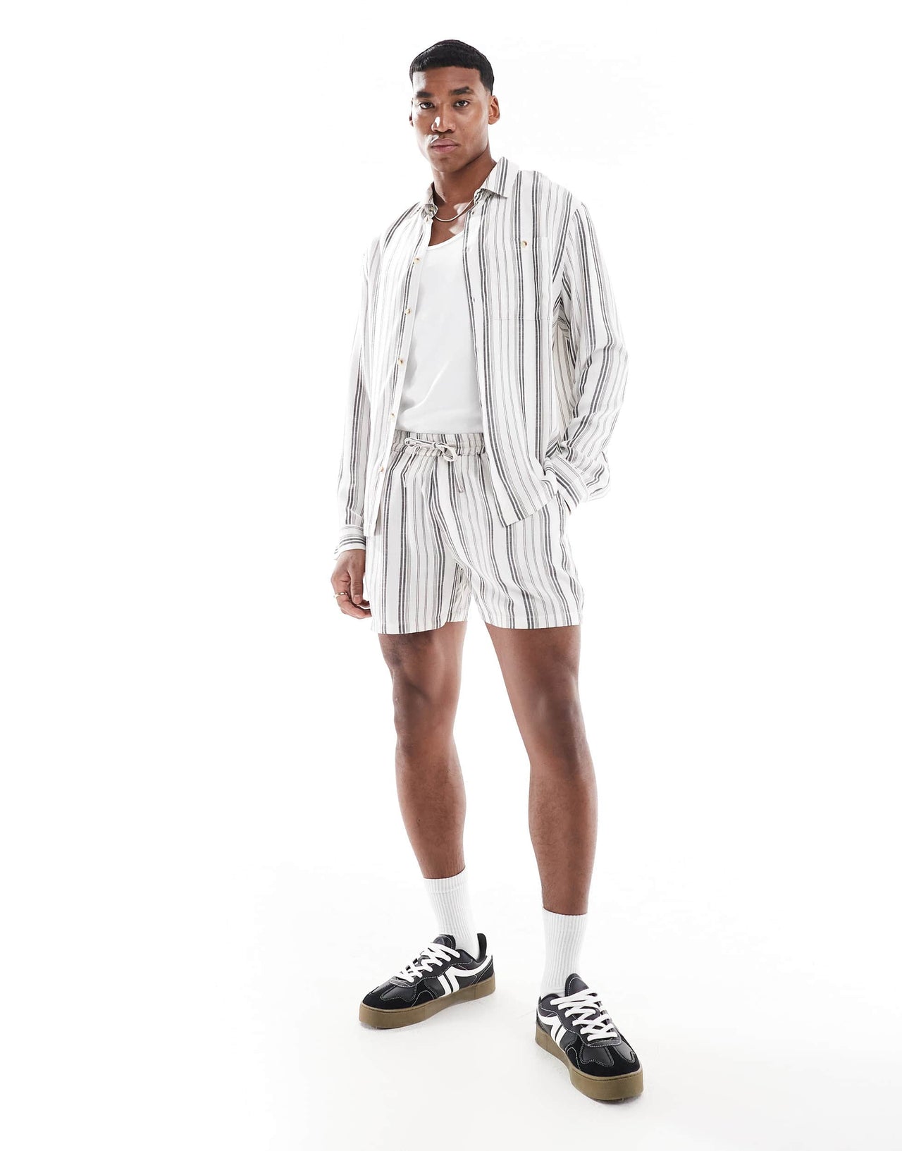 Another Influence long sleeve striped shirt co-ord in charcoal and white