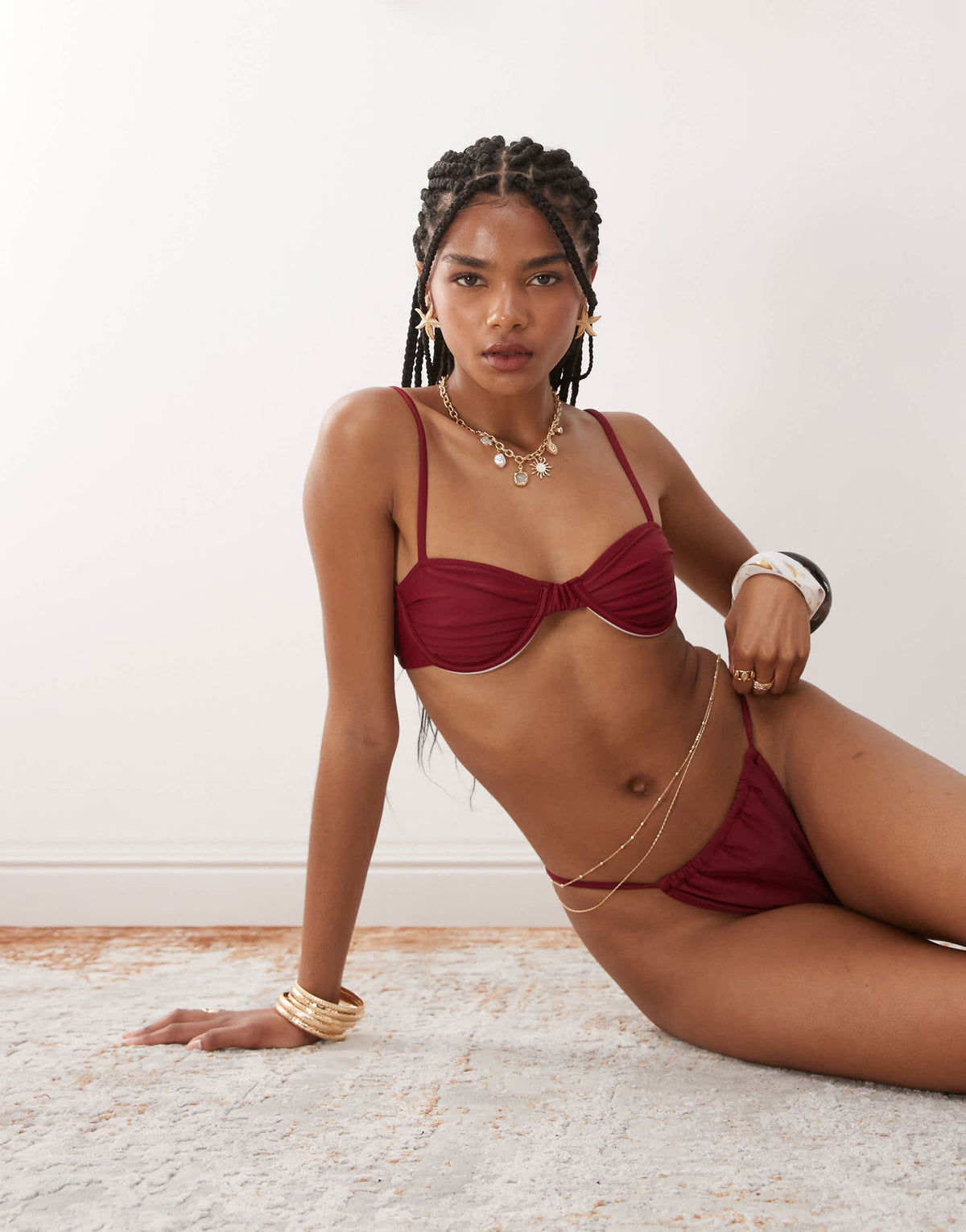 Miss Selfridge mix and match  ruched cup skinny strap bikini top in burgundy