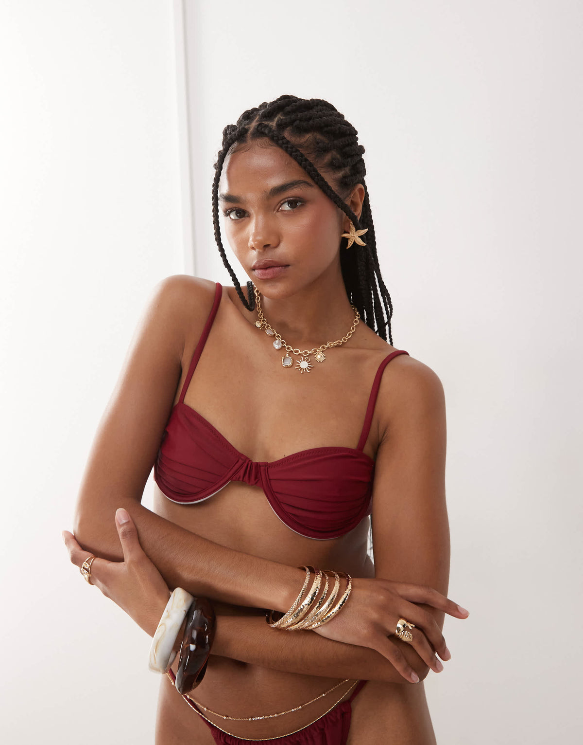 Miss Selfridge mix and match  ruched cup skinny strap bikini top in burgundy