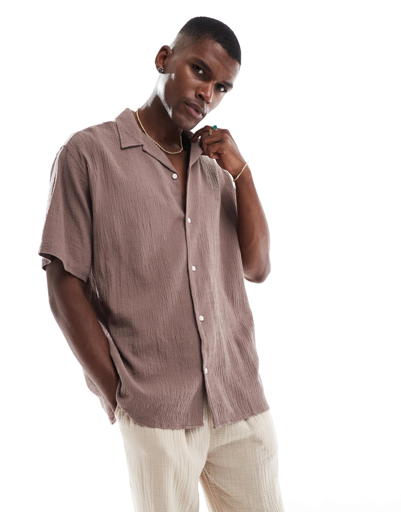 Jack & Jones revere collar shirt in crinkle texture taupe