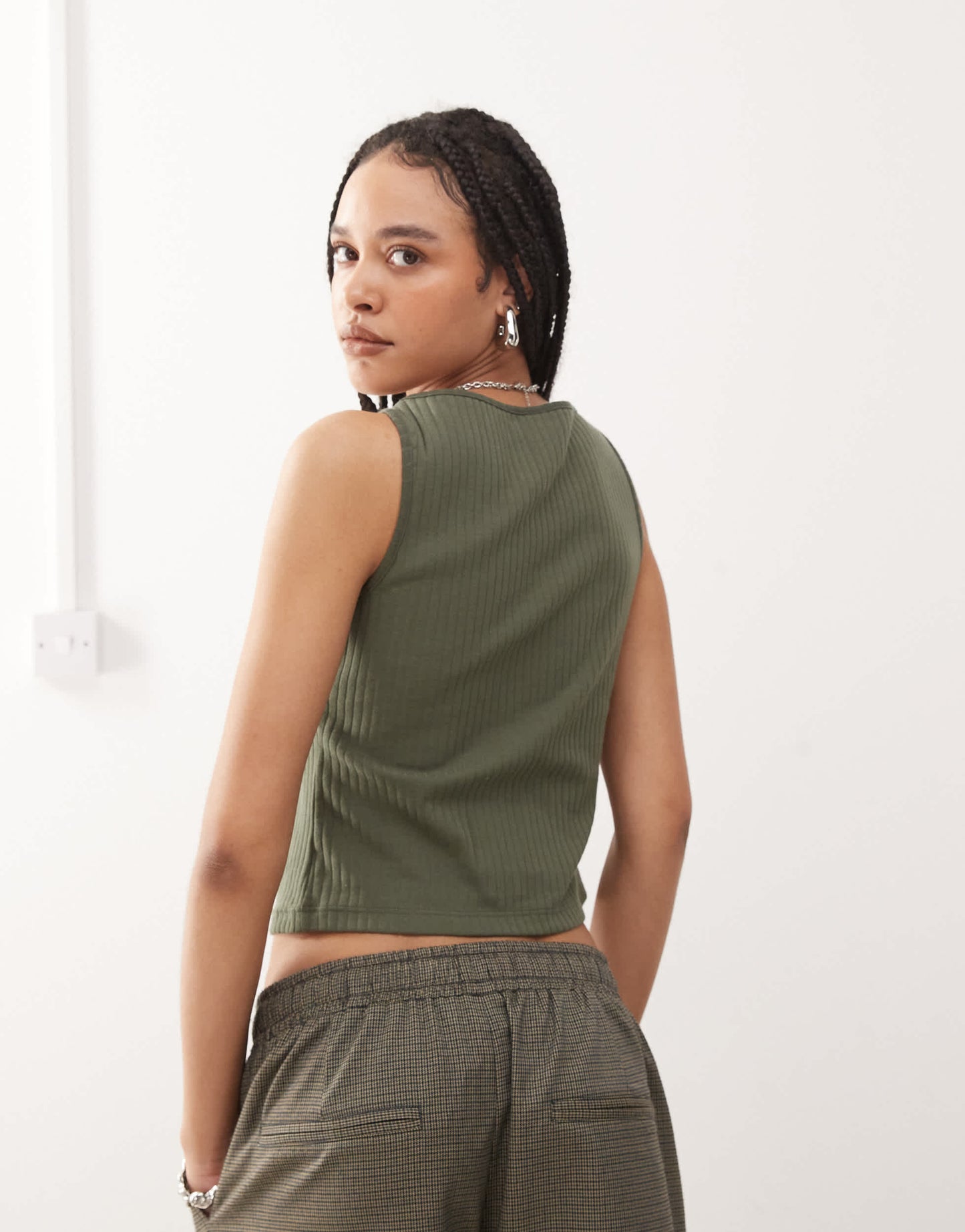 COLLUSION slash neck ribbed vest in khaki