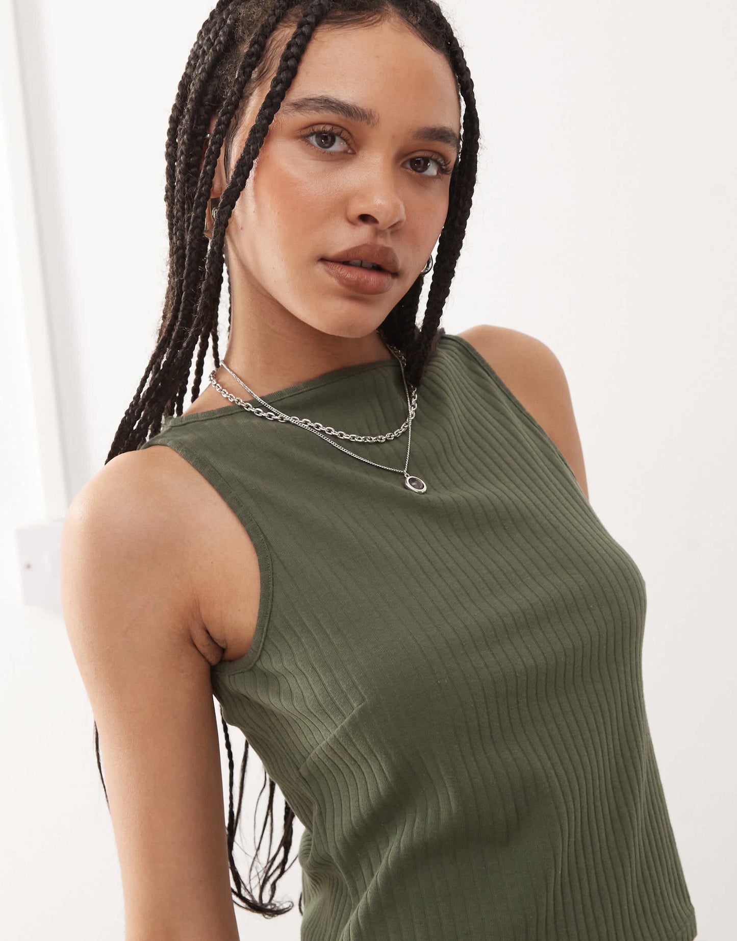 COLLUSION slash neck ribbed vest in khaki