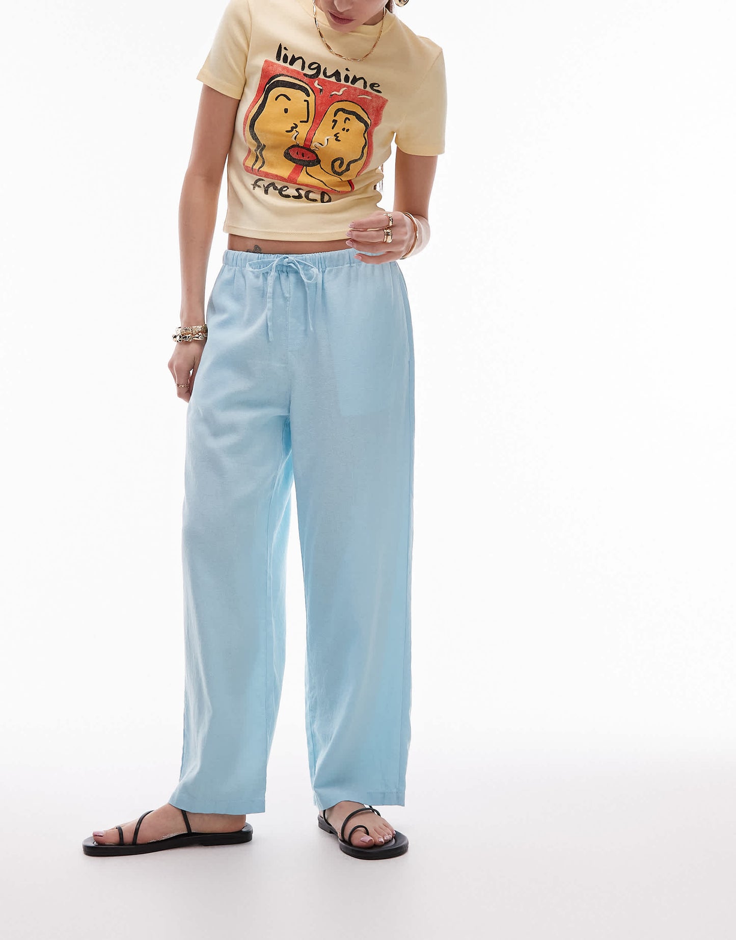 Topshop mid rise linen awkward length trouser in powder blue