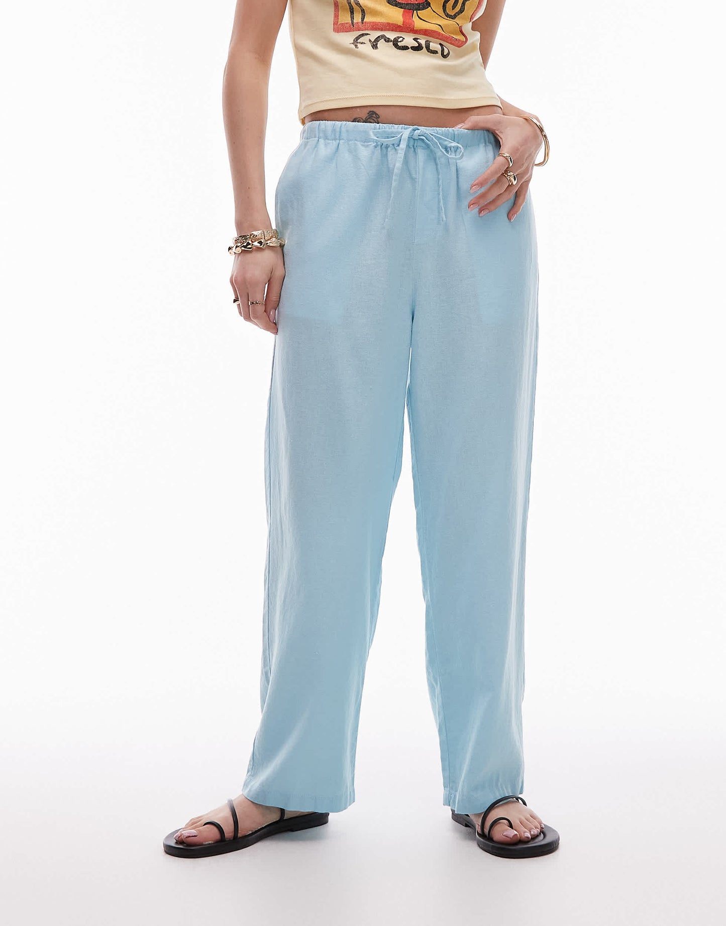 Topshop mid rise linen awkward length trouser in powder blue