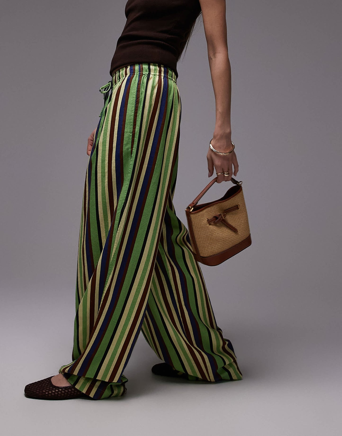 Topshop linen balloon trouser in green variegated stripe