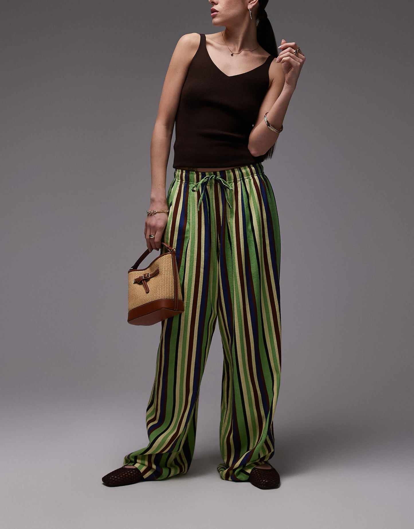 Topshop linen balloon trouser in green variegated stripe