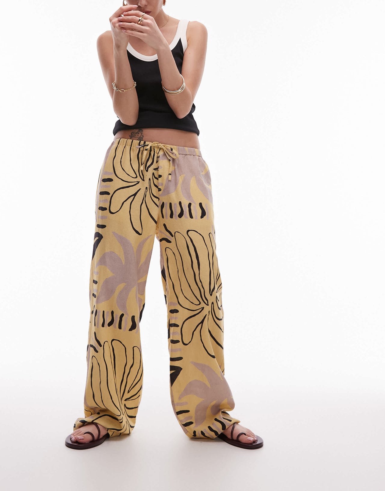 Topshop linen straight leg buttermilk abstract print trouser in mono