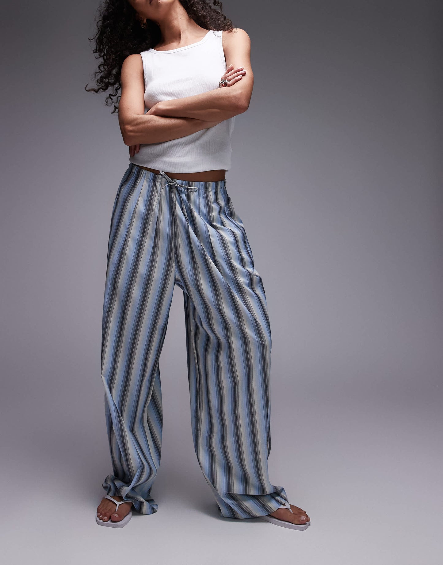 Topshop poplin tie waist stripe straight leg trouser in blue