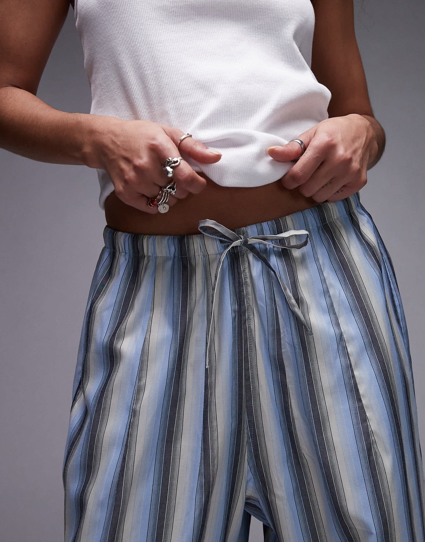 Topshop poplin tie waist stripe straight leg trouser in blue