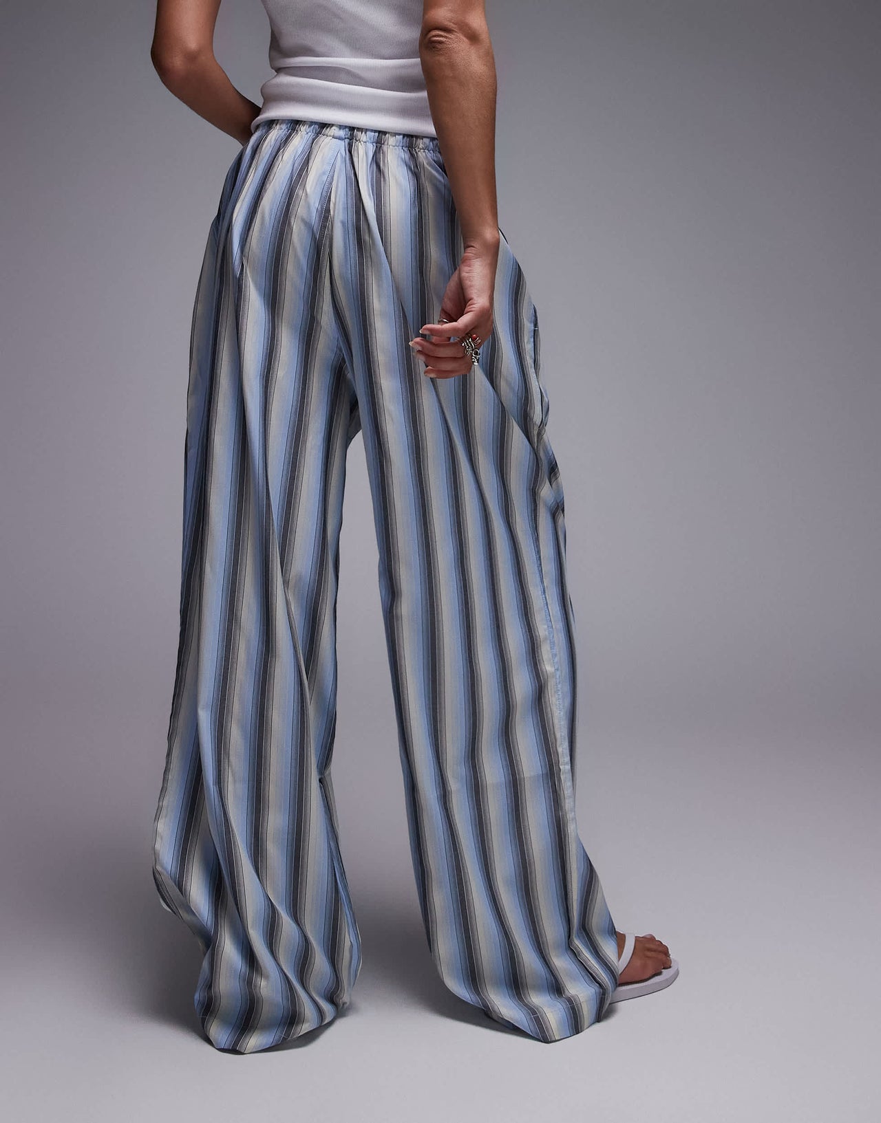 Topshop poplin tie waist stripe straight leg trouser in blue