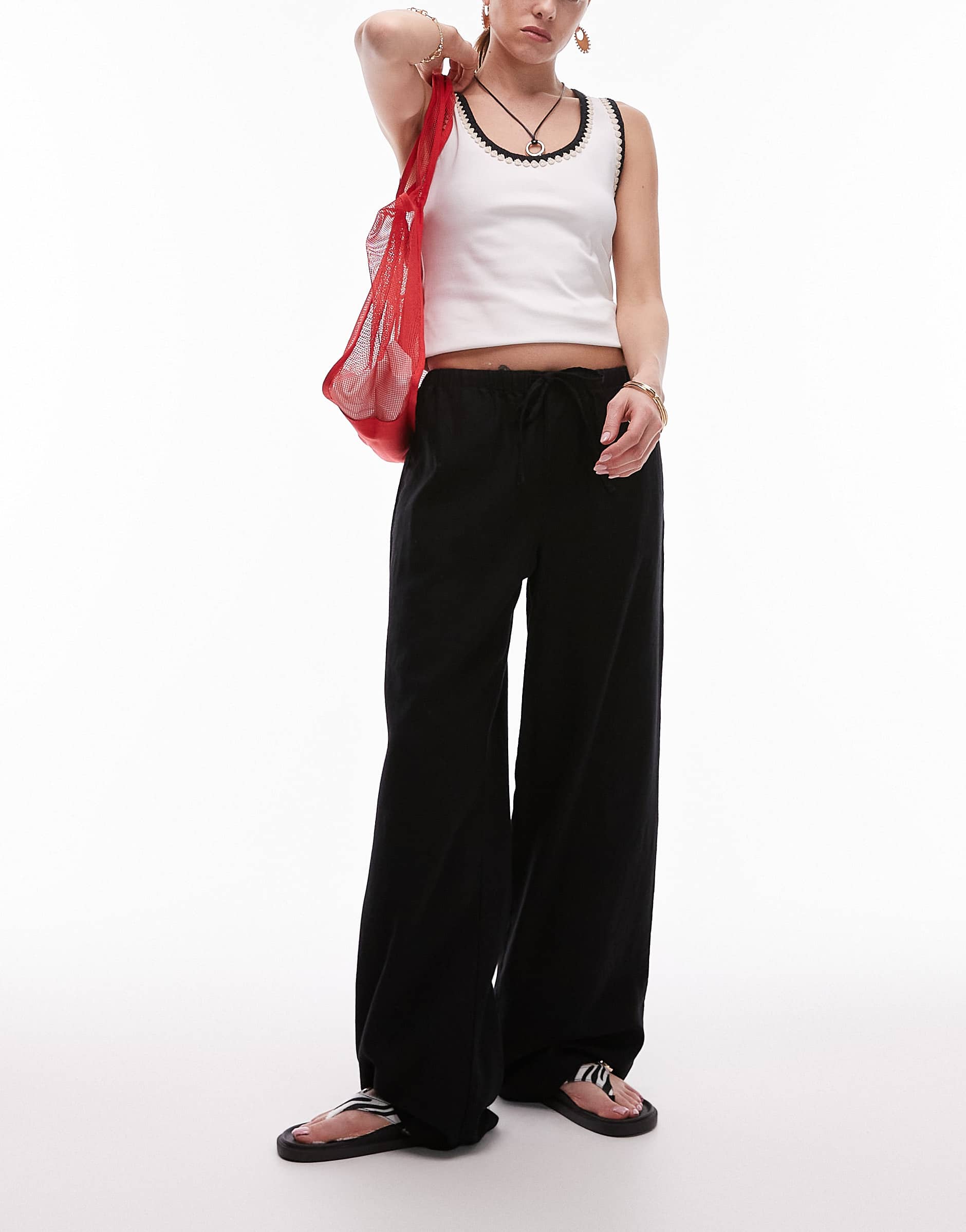Topshop linen straight leg trouser in black