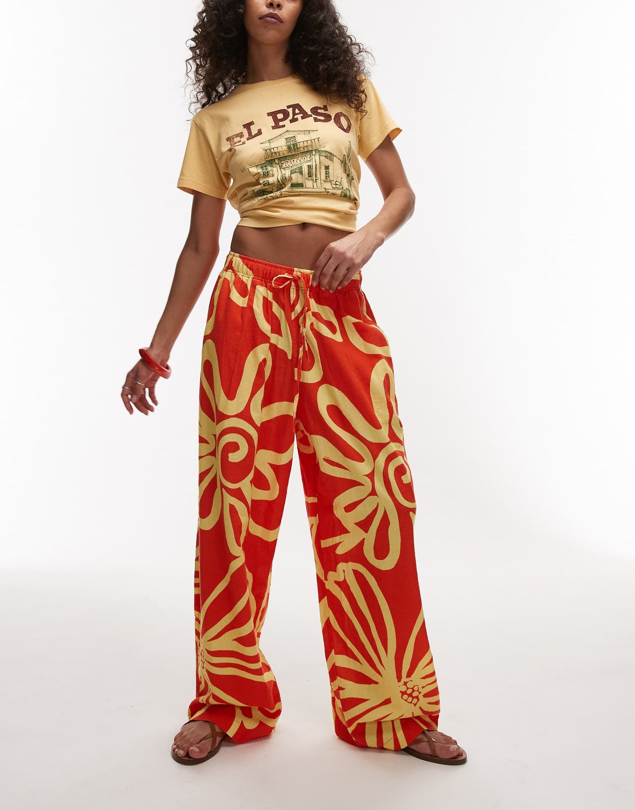 Topshop linen balloon trouser in bright orange abstract floral print