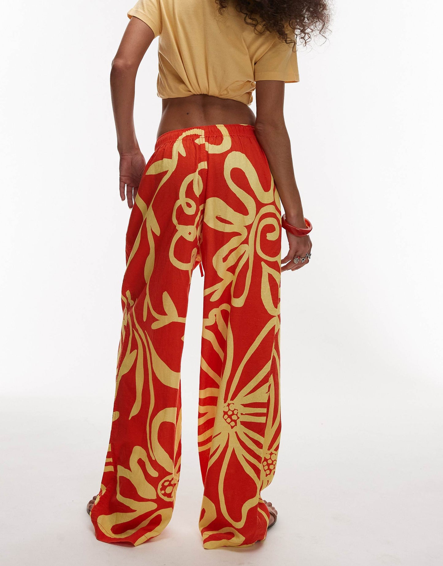 Topshop linen balloon trouser in bright orange abstract floral print