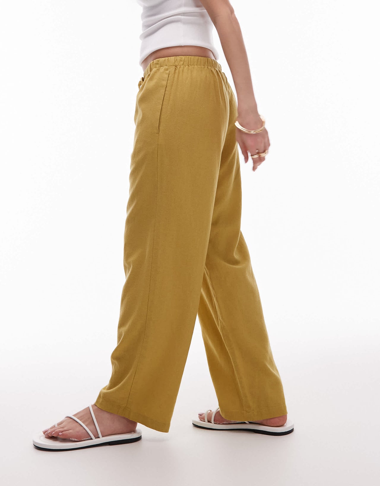 Topshop mid rise linen awkward length trouser in lime green