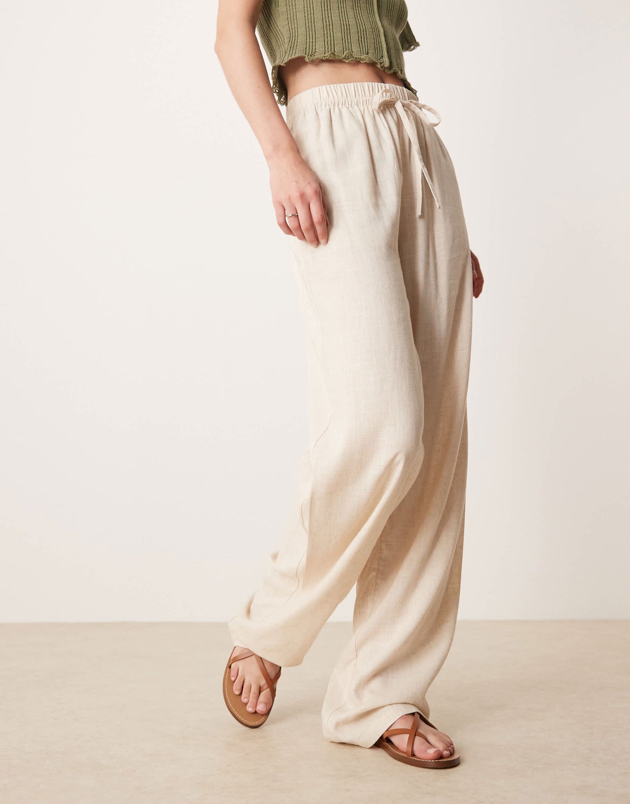 ASOS DESIGN Tall linen look pull on trousers in stone
