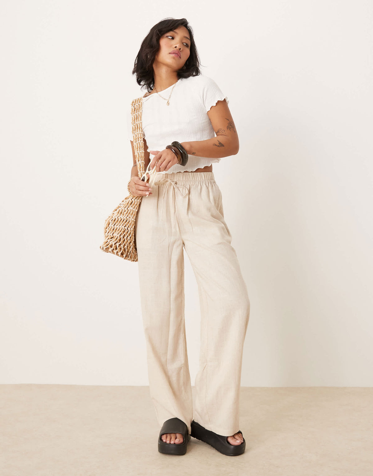 ASOS DESIGN Petite pull on trousers with linen in stone