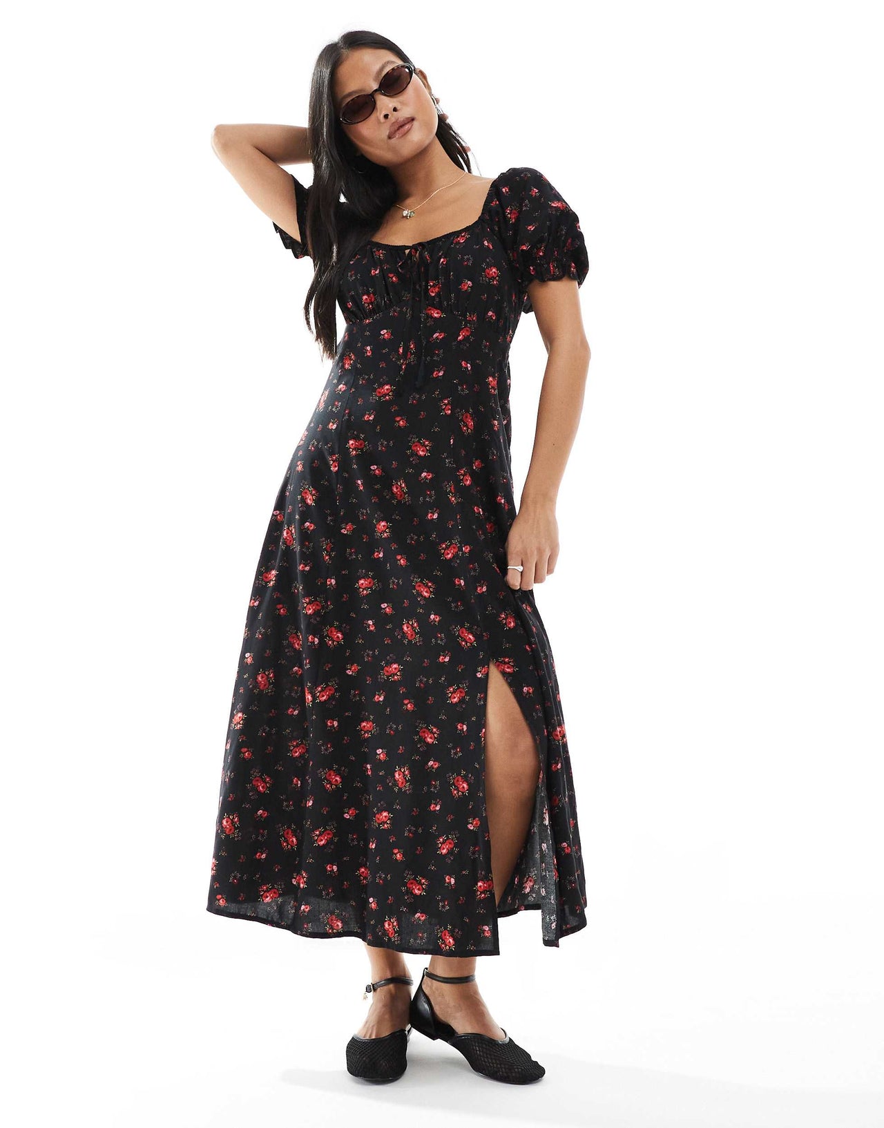 Miss Selfridge Petite spun tea midaxi dress in black rose print