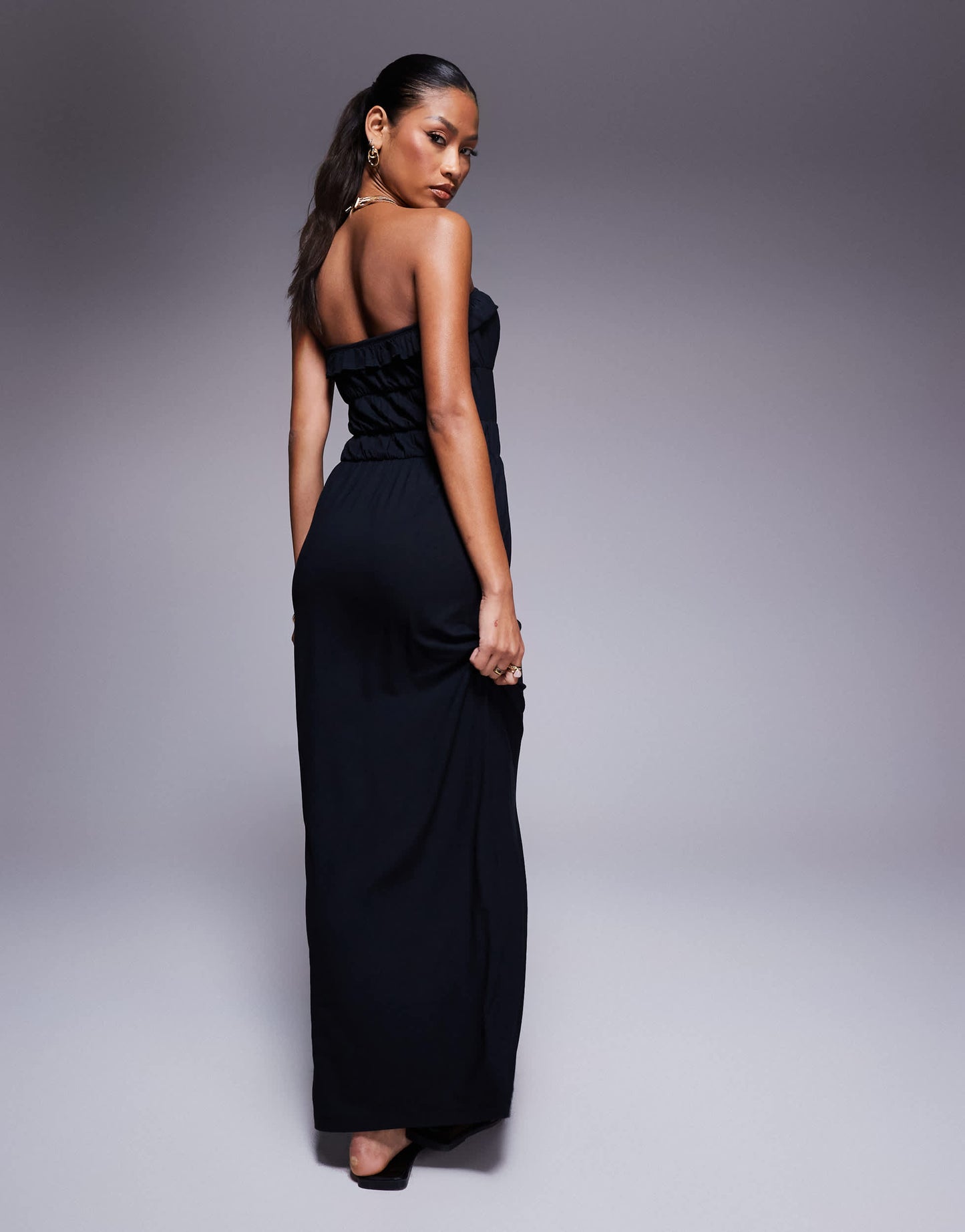 ASOS DESIGN bandeau ruffle tiered waist maxi dress in black