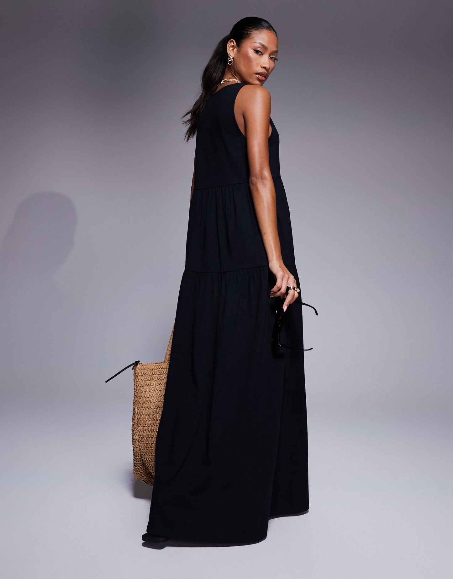 ASOS DESIGN scoop tiered trapeze maxi dress in black
