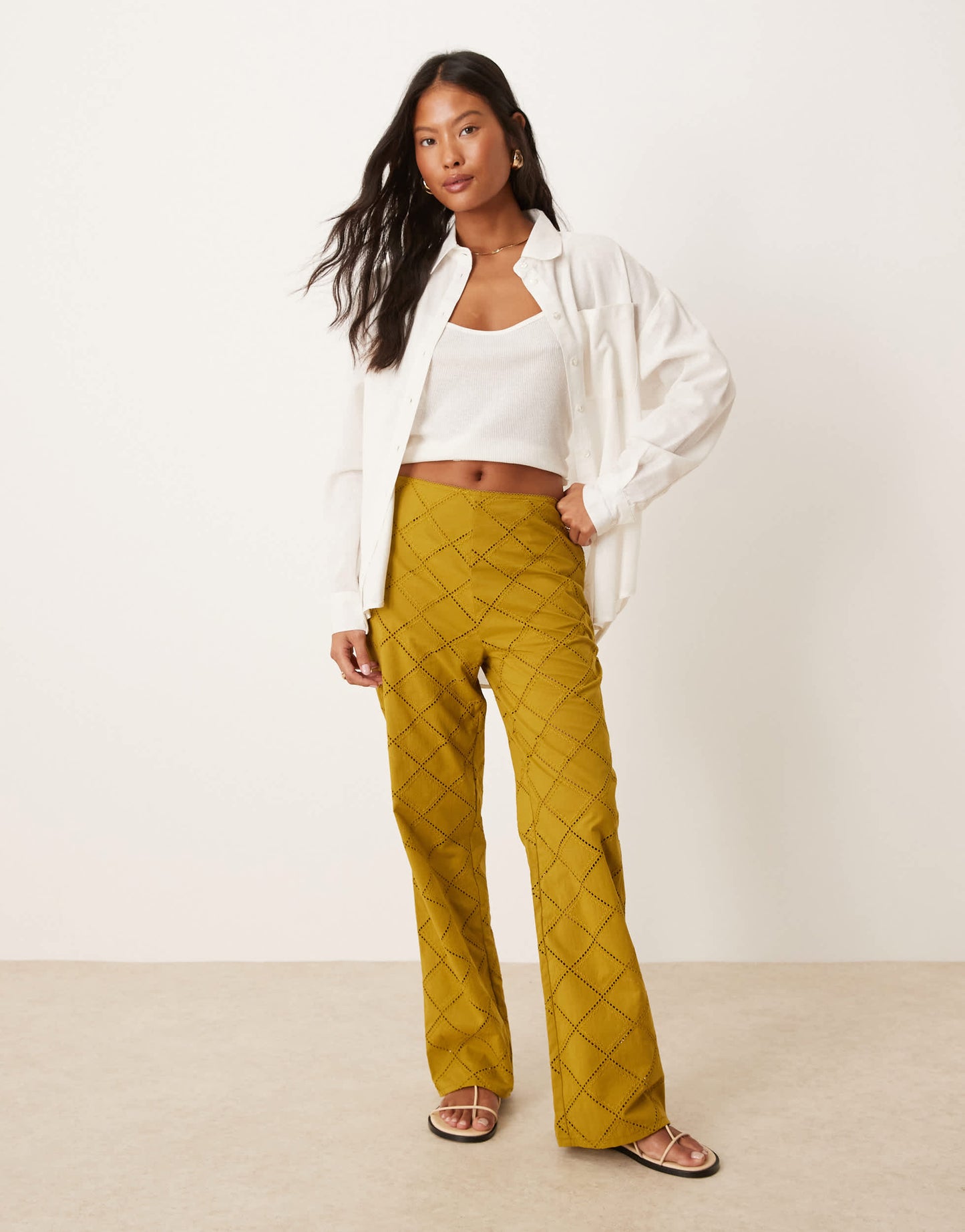 ASOS DESIGN Petite straight leg trousers with geo cutwork in olive