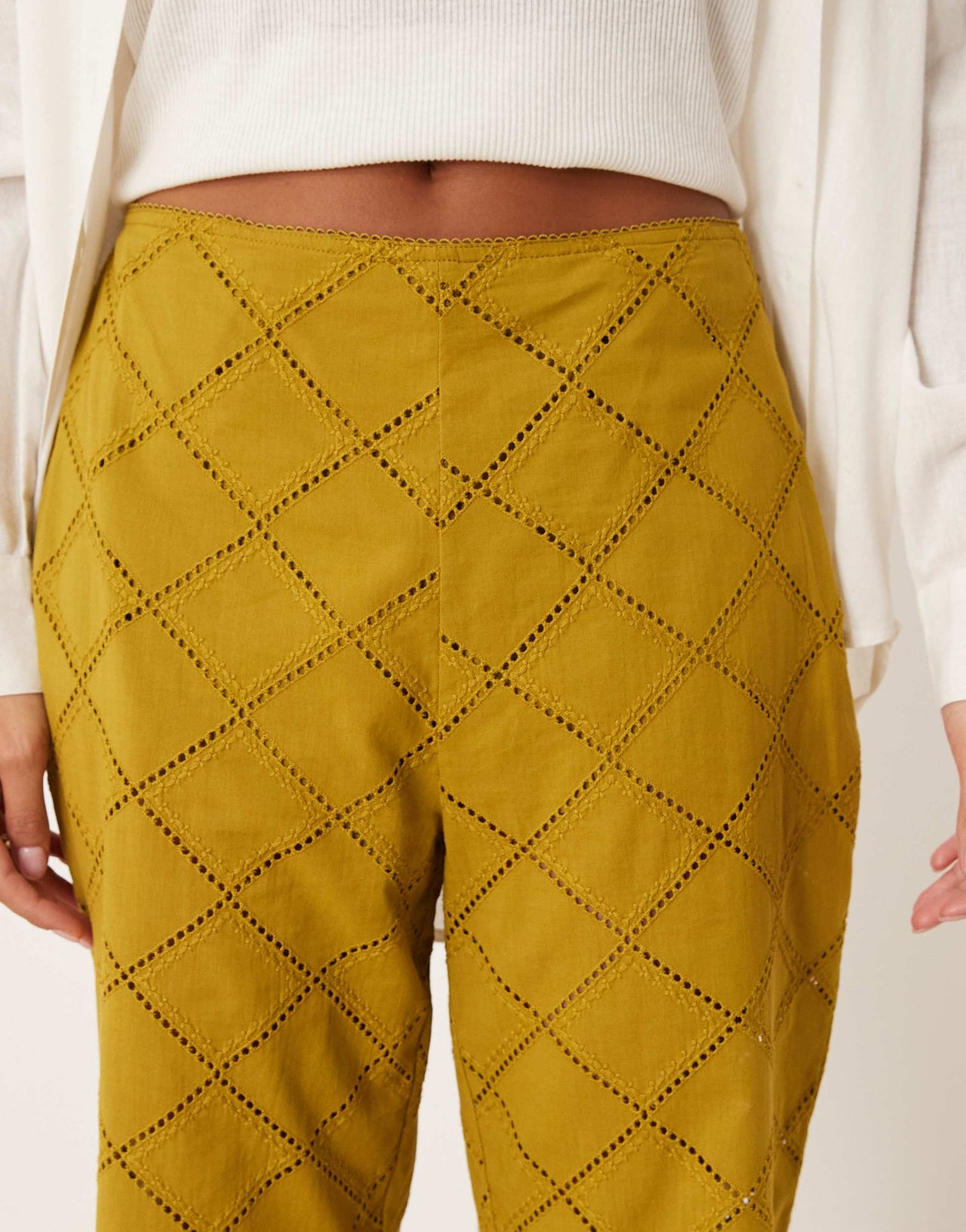 ASOS DESIGN Petite straight leg trousers with geo cutwork in olive