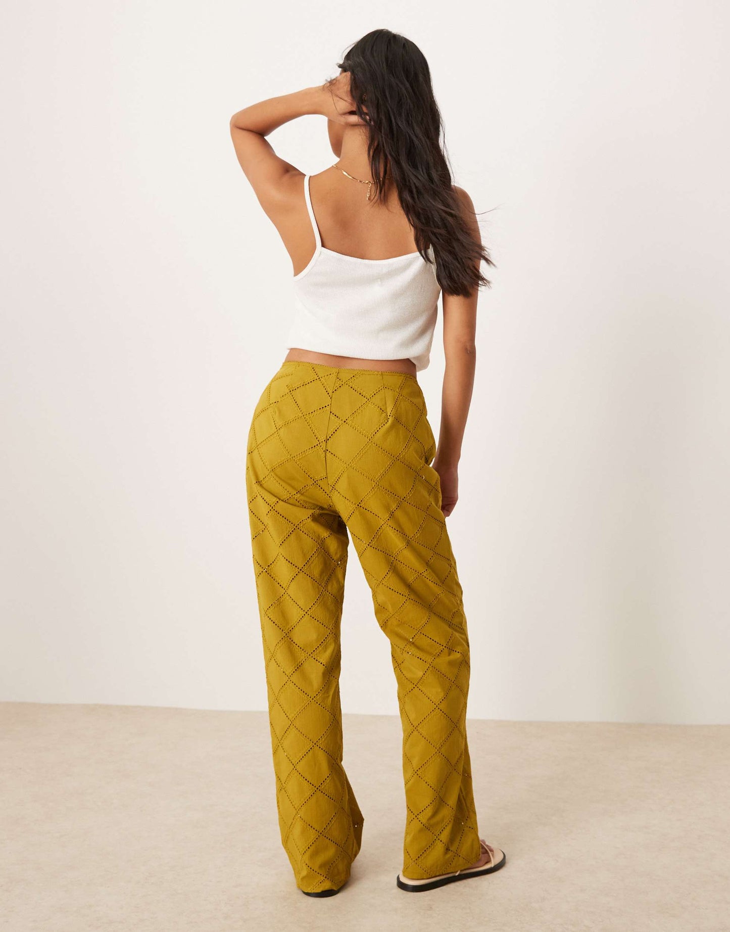 ASOS DESIGN Petite straight leg trousers with geo cutwork in olive