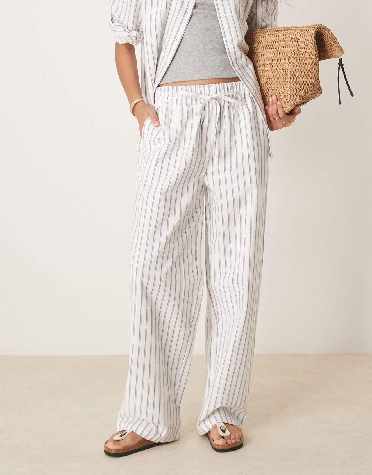 ASOS DESIGN linen look pull on trousers co-ord in black stripe